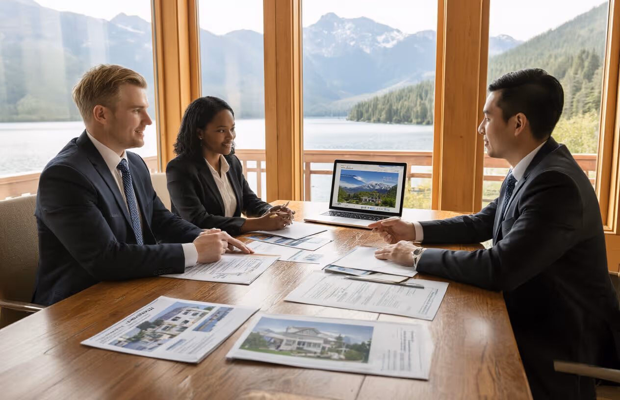 Three business professionals in suits discussing real estate documents around a wooden table with a laptop, against a backdrop of large windows showing a lake and mountains.