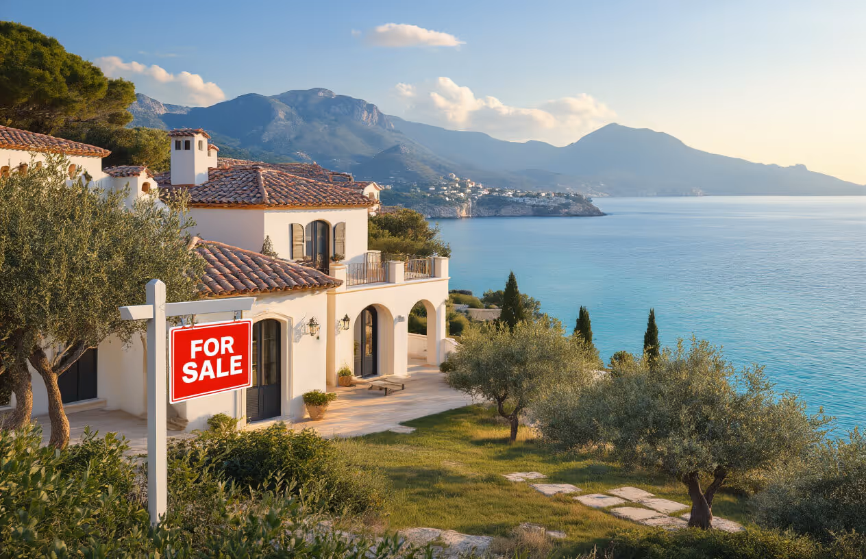 Mediterranean-style villa with terracotta roof and for sale sign overlooking a blue sea and mountains in the background.