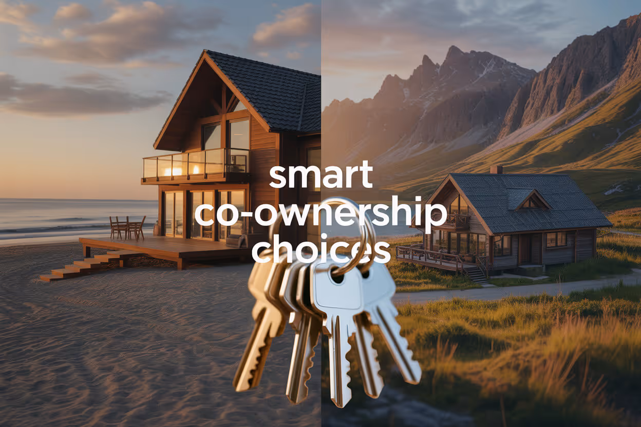 Split background showing a beach house at sunset on the left and a mountain cabin in daylight on the right, with a ring of keys and text 'smart co-ownership choices' in the center.