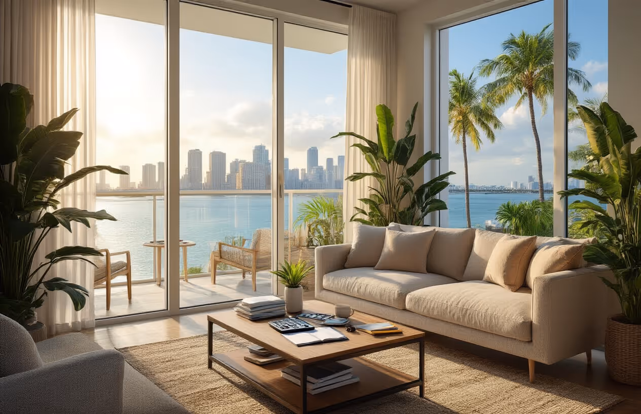 Desk with financial papers, pen, keys, calculator, piggy bank, and laptop displaying stock charts, with a tropical ocean view through a window.
