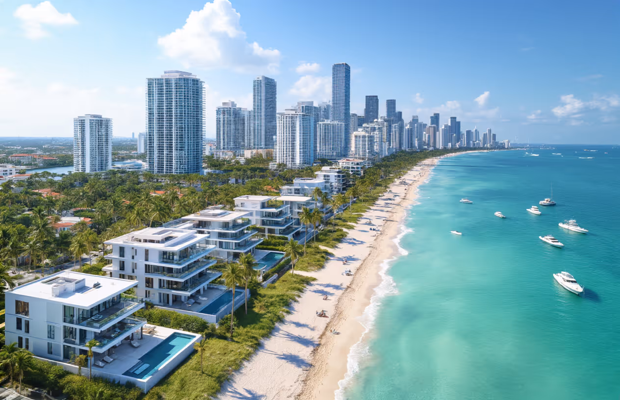 Three business professionals in suits discussing real estate documents around a wooden table with a laptop, against a backdrop of large windows showing a lake and mountains.