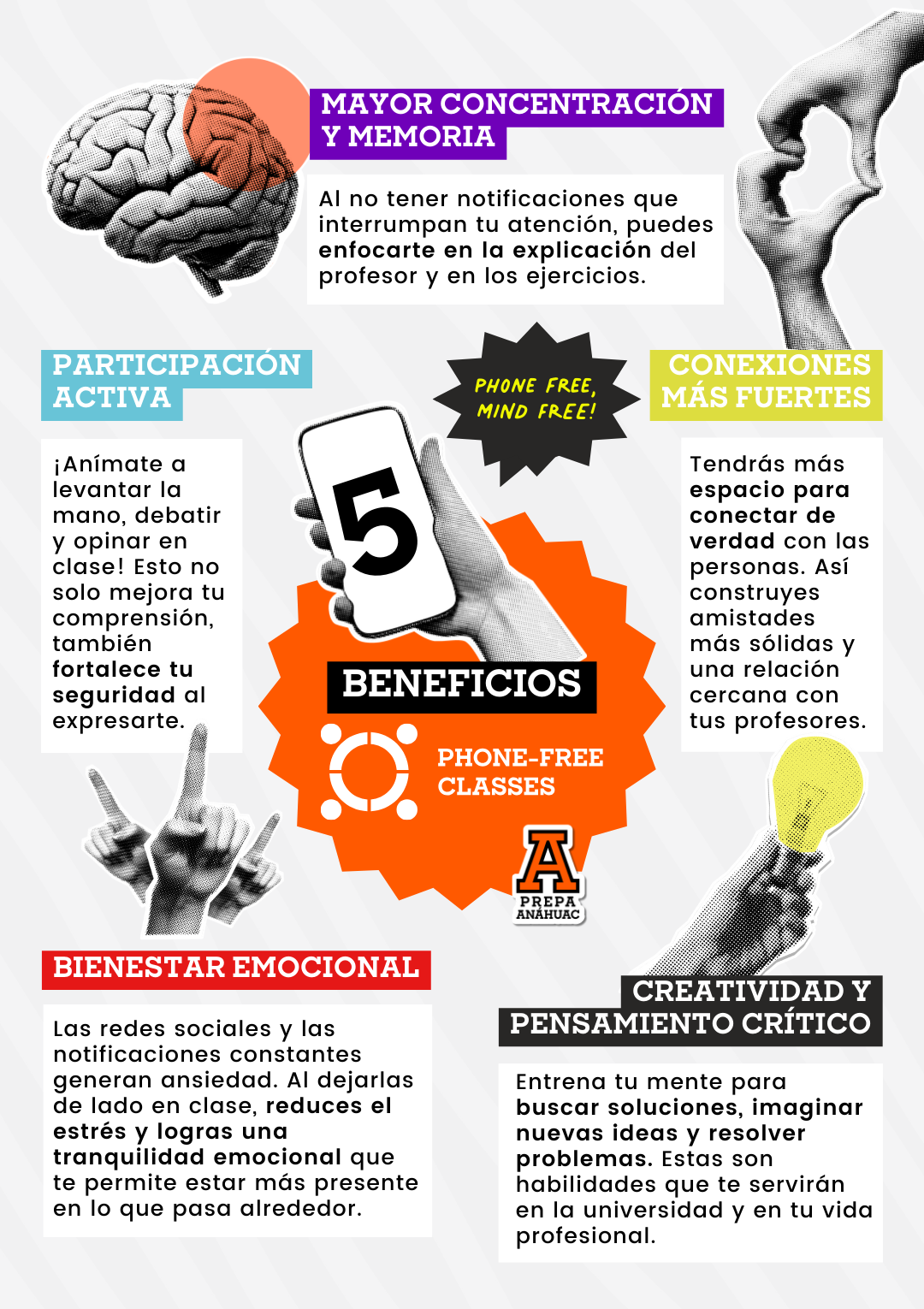 Beneficios de tener clases sin celular: mayor concentración, participación activa, conexiones más fuertes, bienestar emociona y pensamiento crítico
