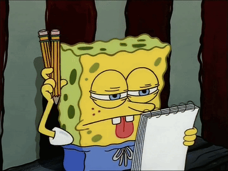 GIF de Bob Esponja estudiando con una libreta y un lápiz, ilustrando las dificultades para concentrarse al estudiar y mantener el enfoque académico.