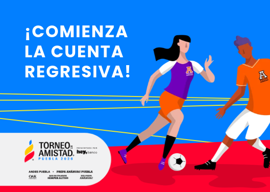 Ilustración de dos estudiantes jugando deportes con el mensaje «¡Comienza la cuenta regresiva!» para el Torneo de la Amistad 2026 en Puebla.