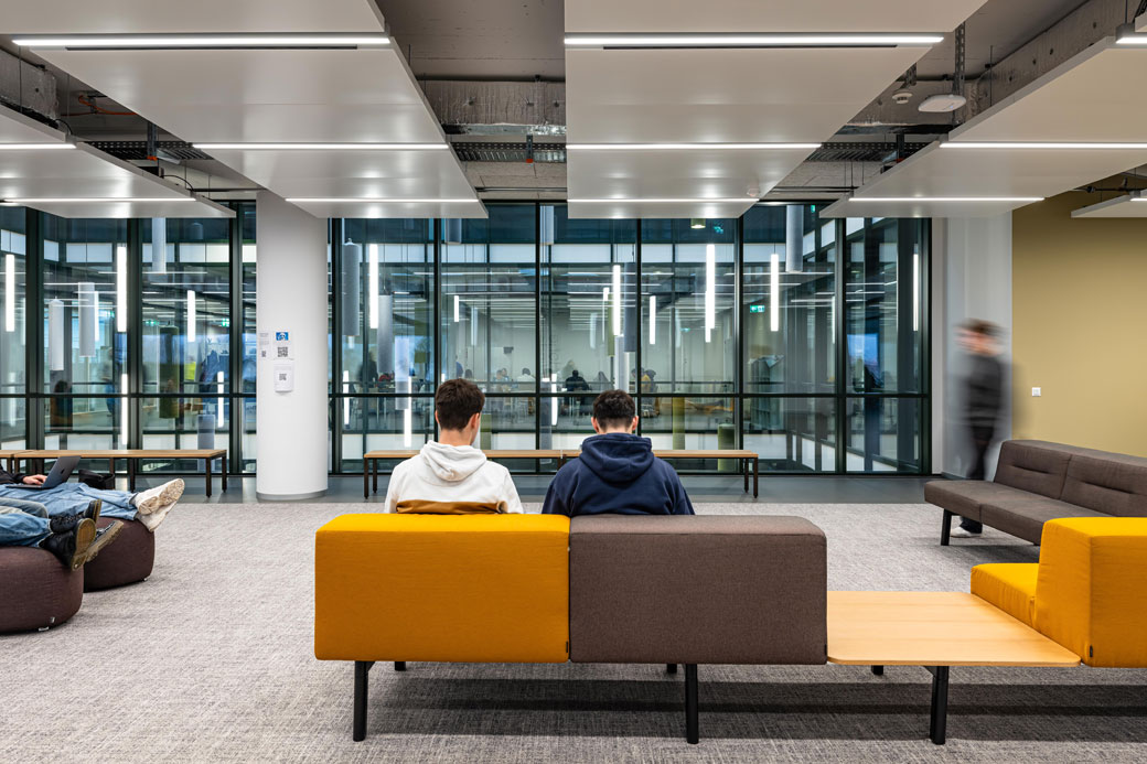 View from the atrium through the glass to the floors of the building