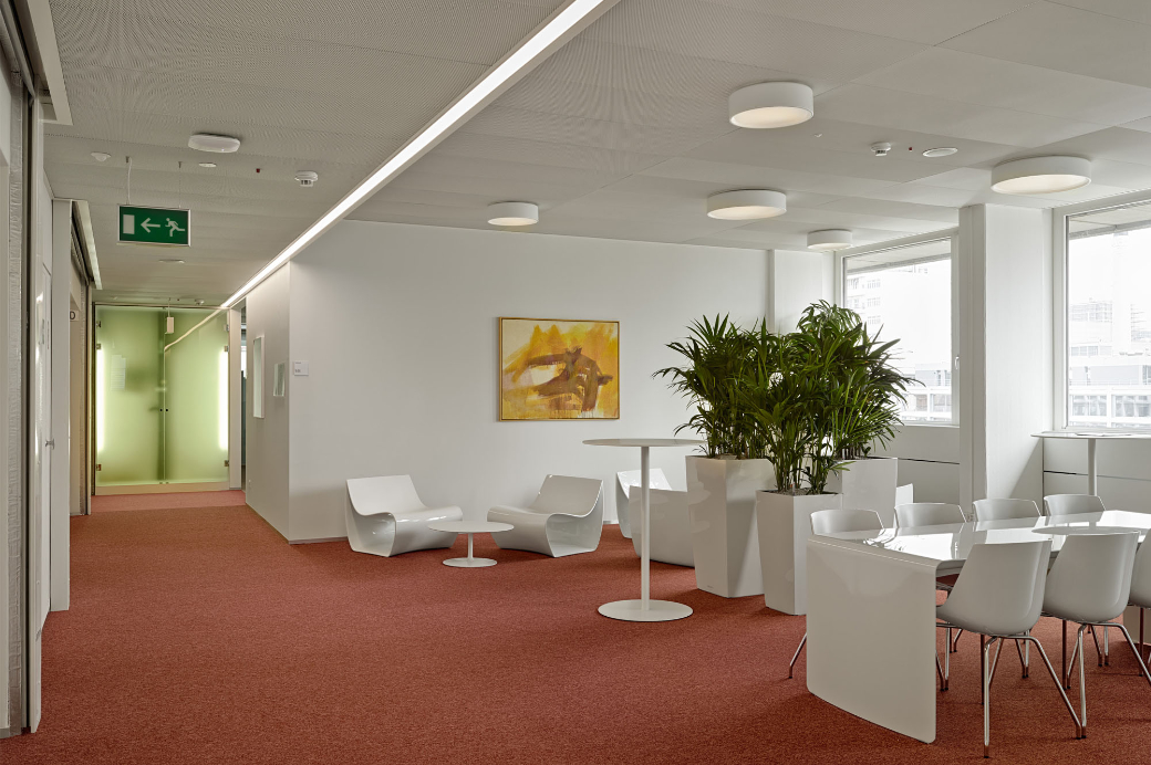 Installation of a multi-space office in a square floor plan with a formerly dark centre zone.