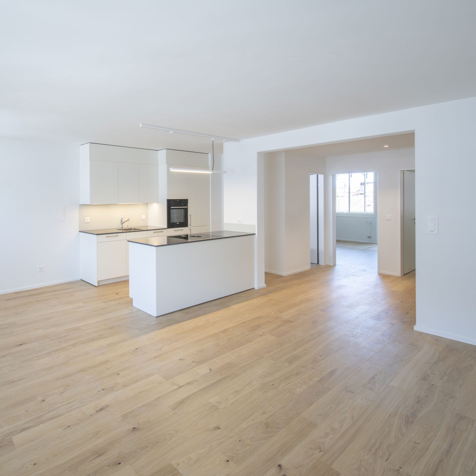 View of the spacious, bright kitchen