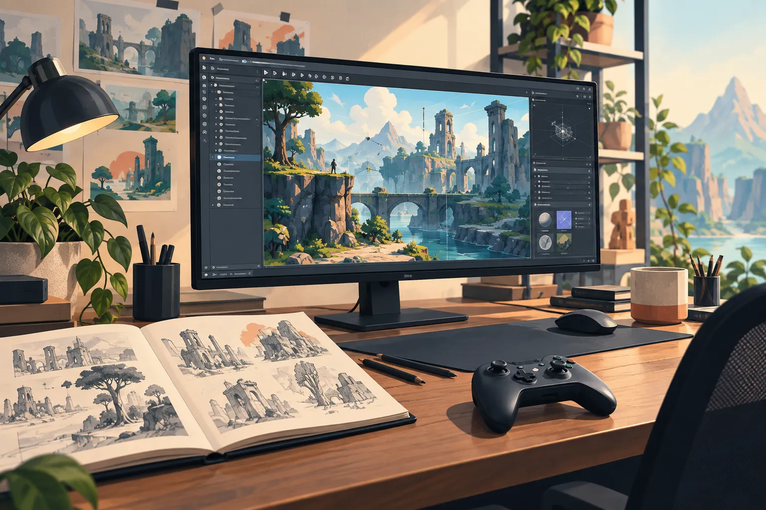 Illustration of a game development workstation and environment sketches