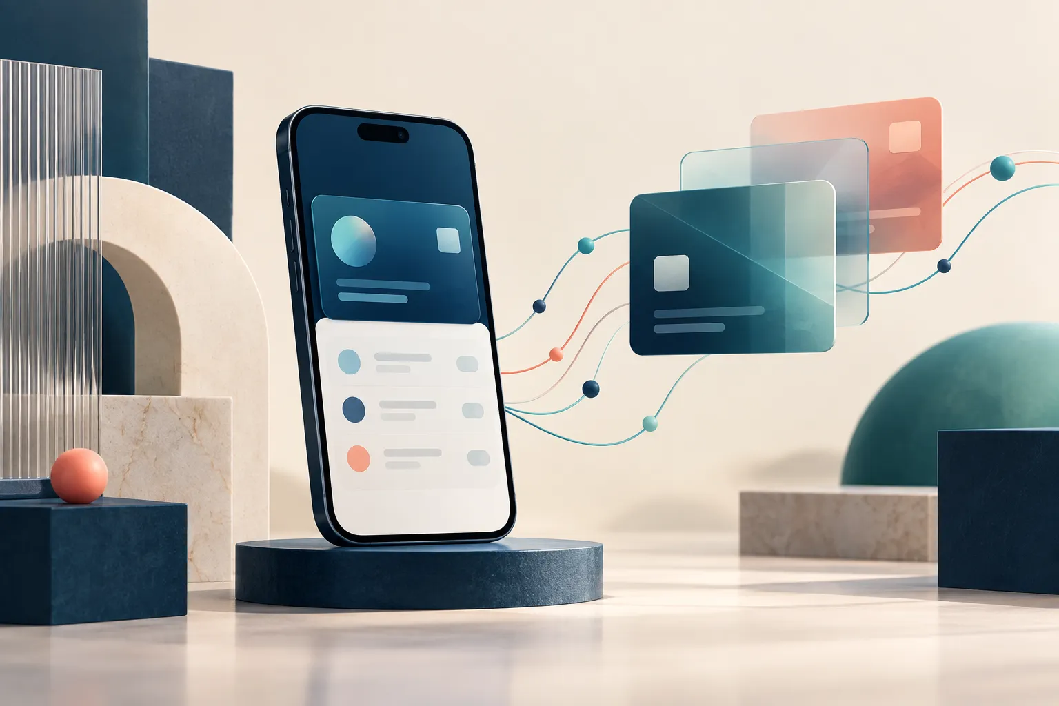 Illustration of a financial technology app and connected transaction cards