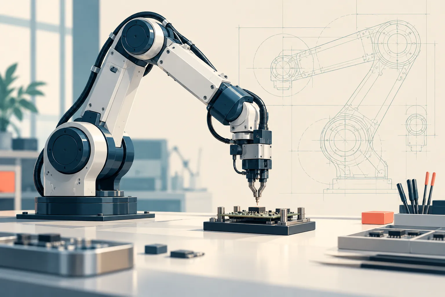 Illustration of an industrial robotic arm working on an electronics prototype