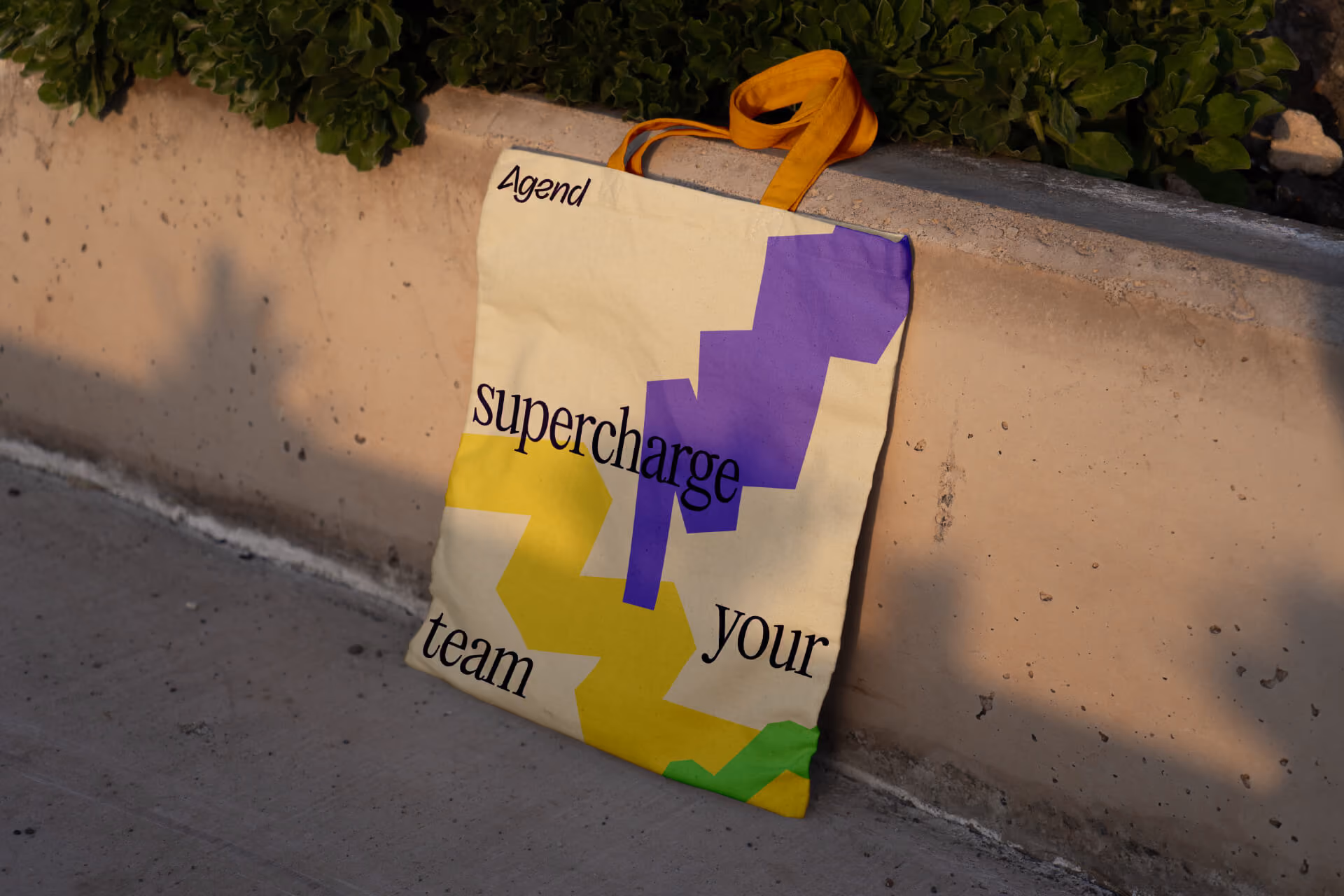 Agend branded calico tote bag printed with the tagline "supercharge your team" and a purple and yellow highlighter-style graphic, resting against a garden wall.