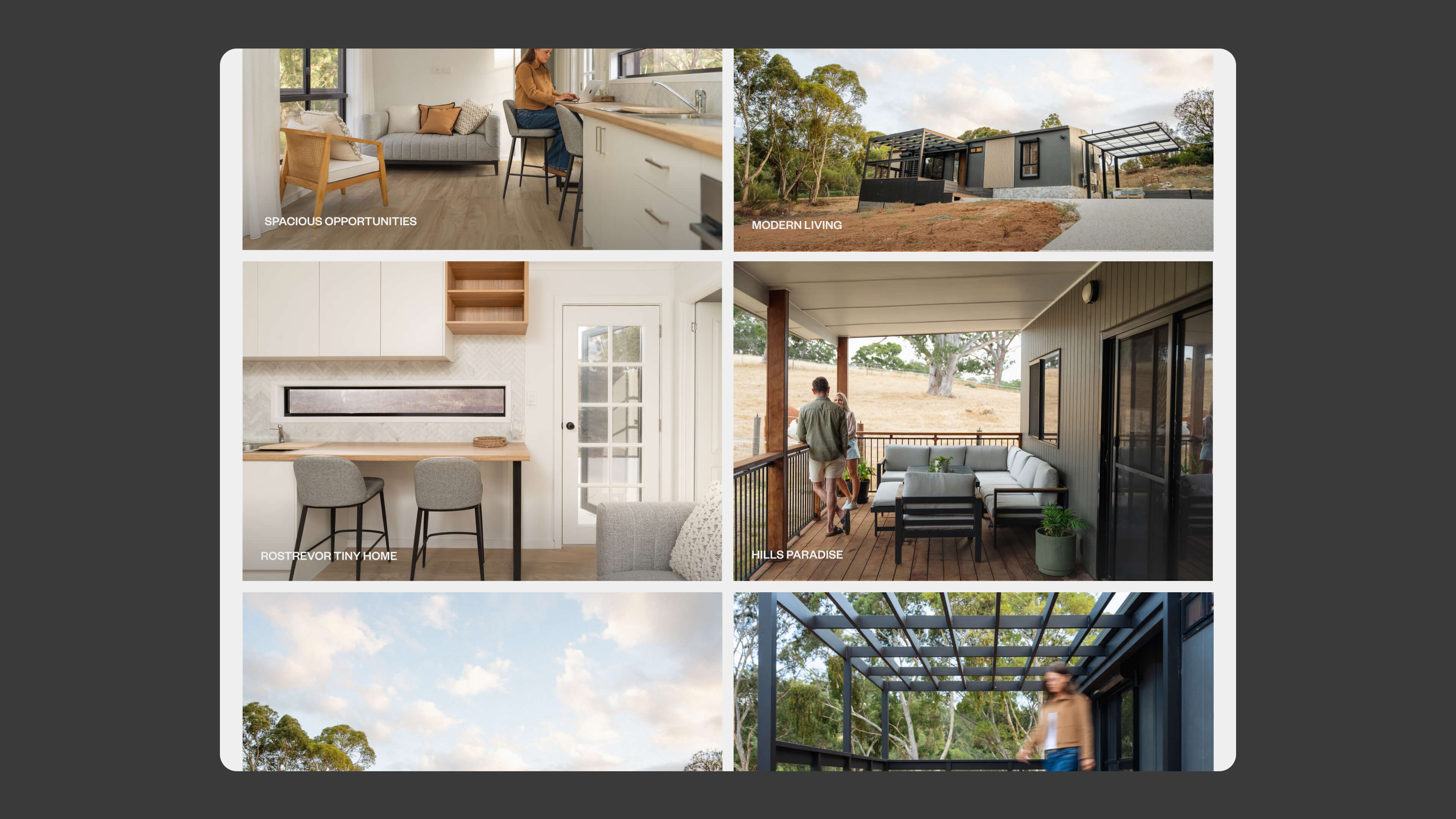 Collage of photos showing a kitchen, living space, veranda, and exterior views of a Modify Modular home.