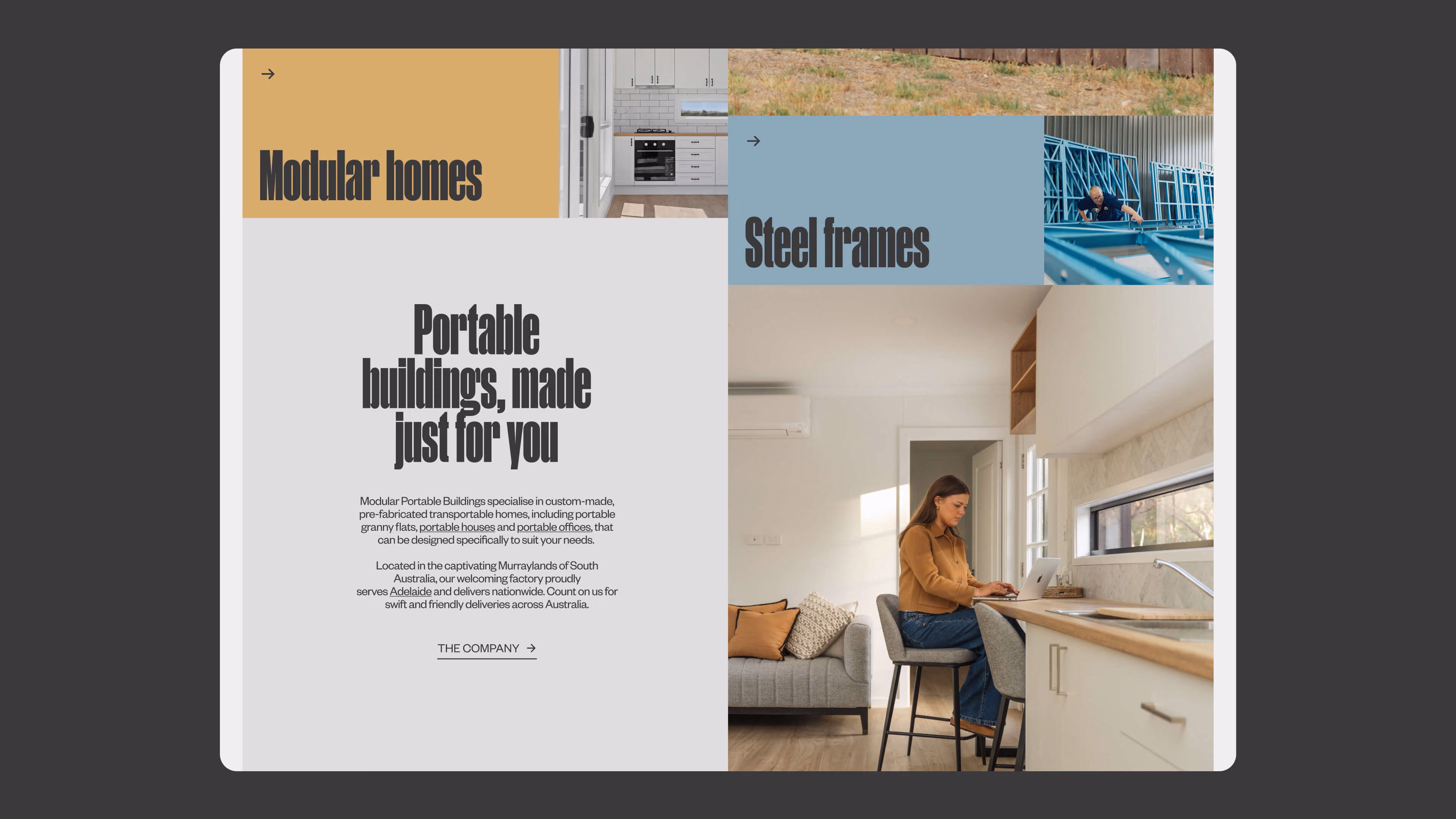 Modify website section linking to its two divisions: "Modular homes, portable buildings made just for you" and "Steel frames," with a home interior photo and a steel frame construction photo.