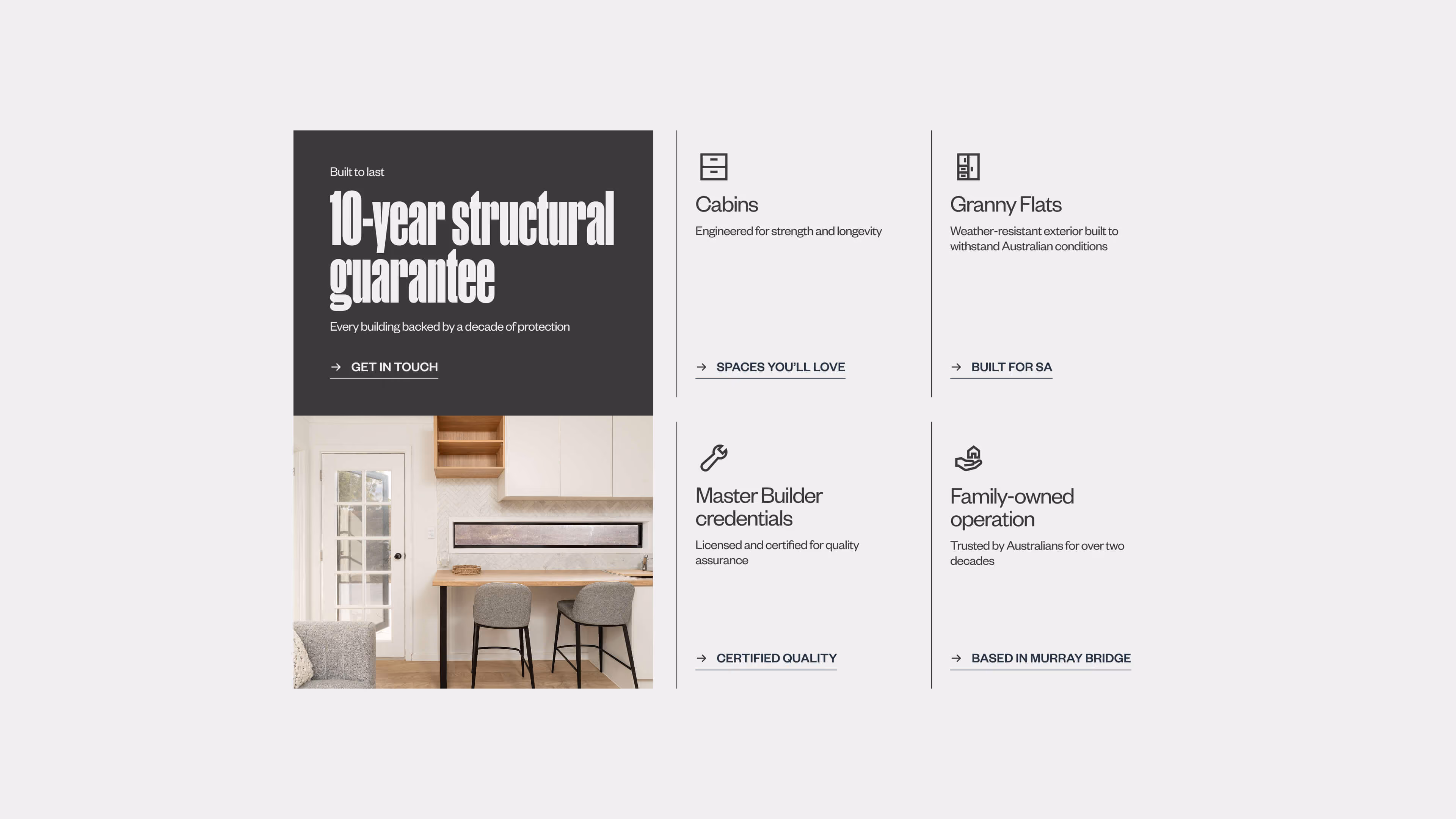Modify Modular website trust section highlighting a "10-year structural guarantee," with links to Cabins, Granny Flats, Master Builder credentials, and its family-owned Murray Bridge operation.