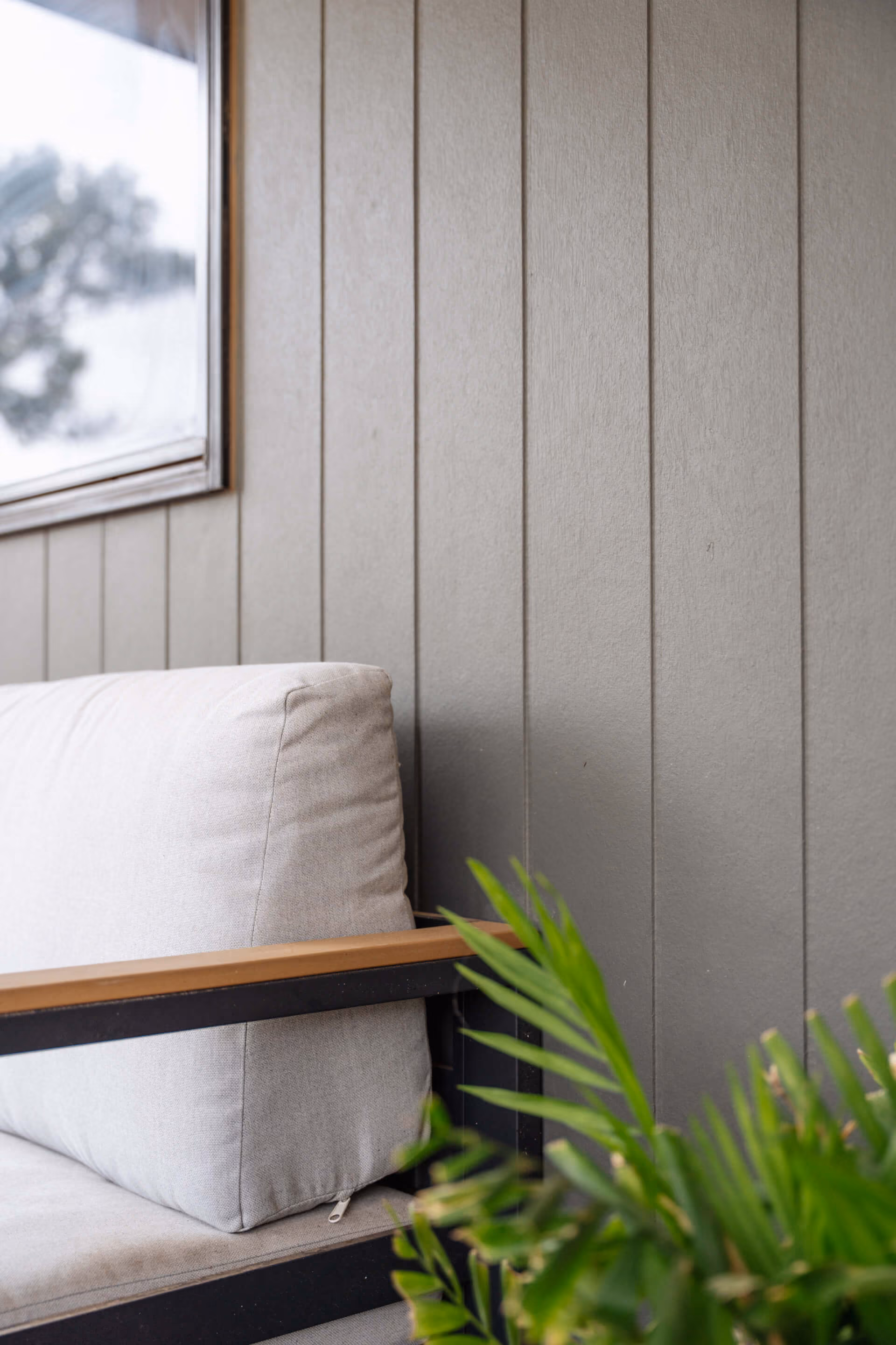Grey weatherboard exterior wall with a white cushioned outdoor bench seat and native plants.