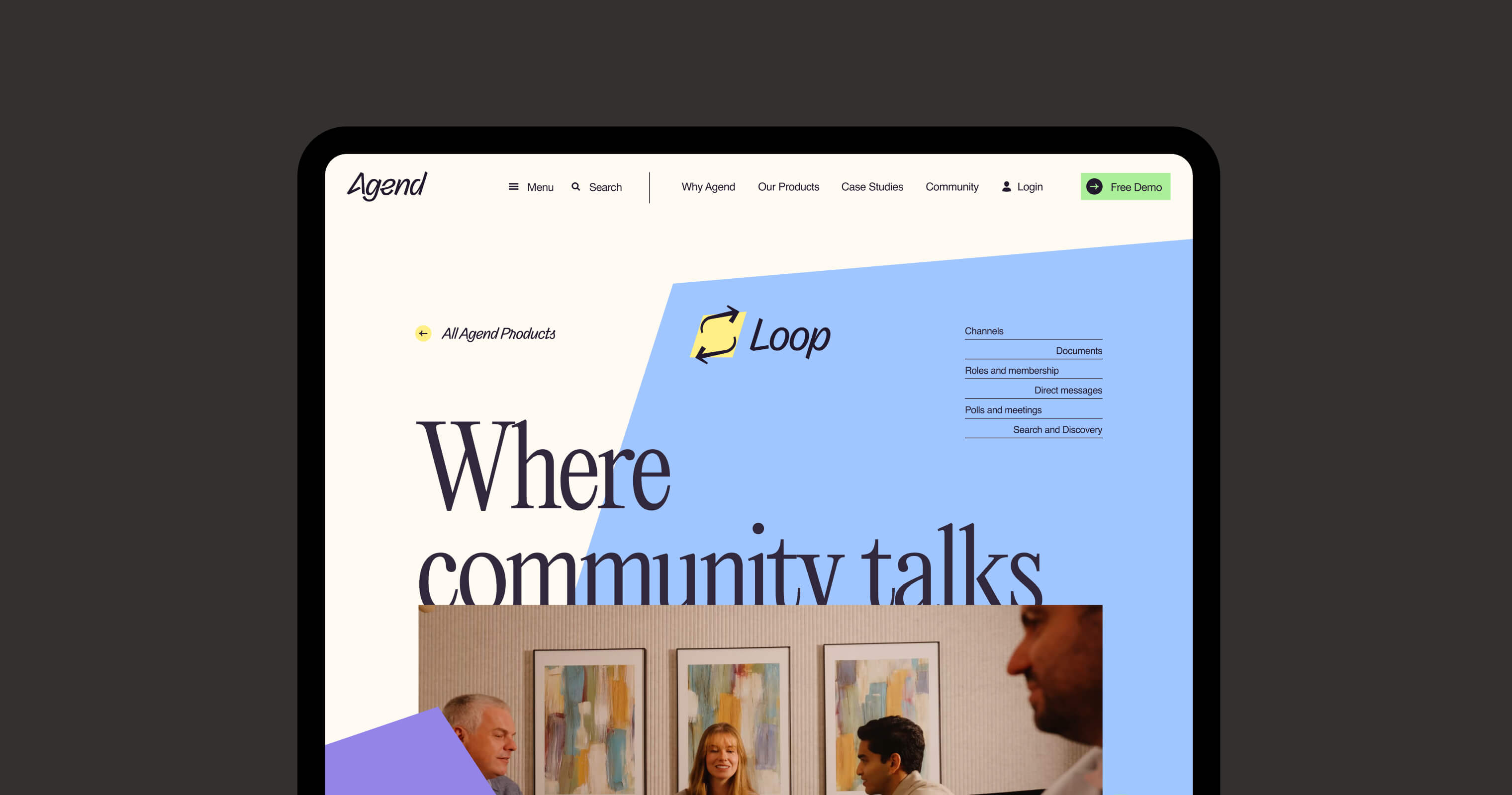 Agend’s Loop product page: a bold “Where community talks” headline, a team meeting photo, and key stats on referrals, clients and member retention.