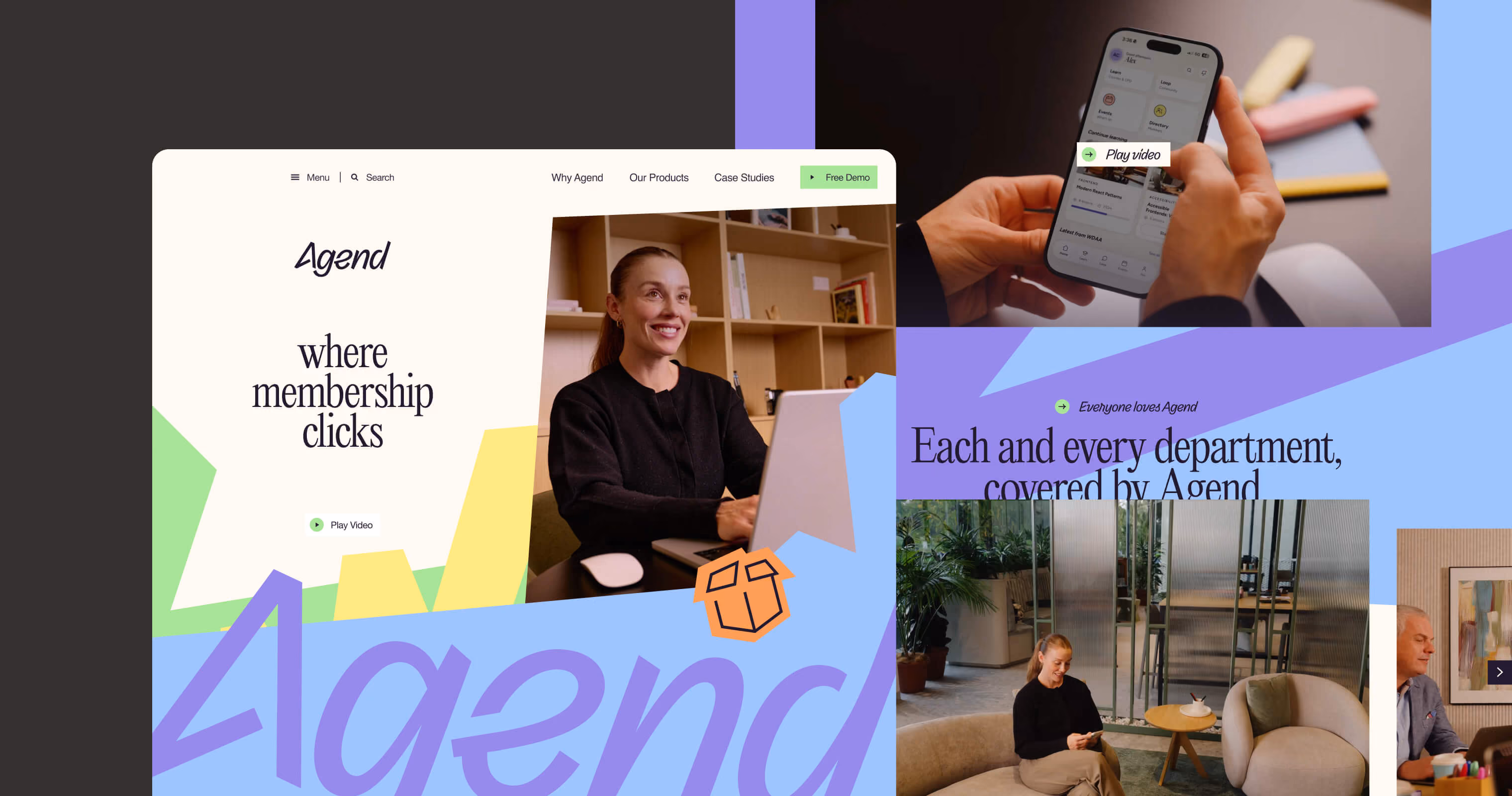 Agend website design on desktop and mobile, with the headline “where membership clicks” and photography of real Agend users.