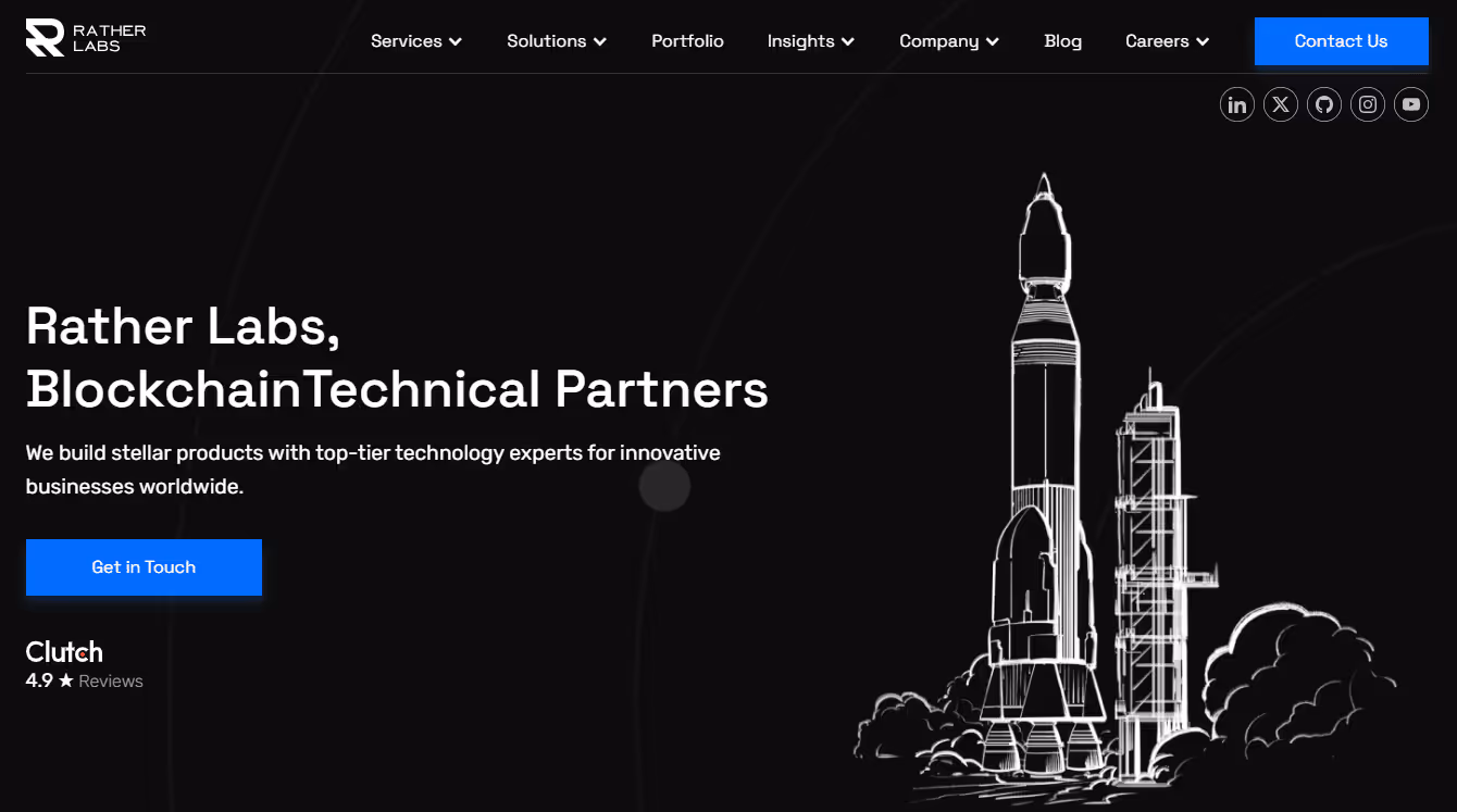 Hero section of Rather Labs homepage showing a modern blockchain UI mockup on dark background, representing Web3 development services and scalable dApps.