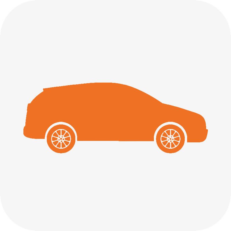 Orange side silhouette of a modern car with detailed wheels on a light grey background.