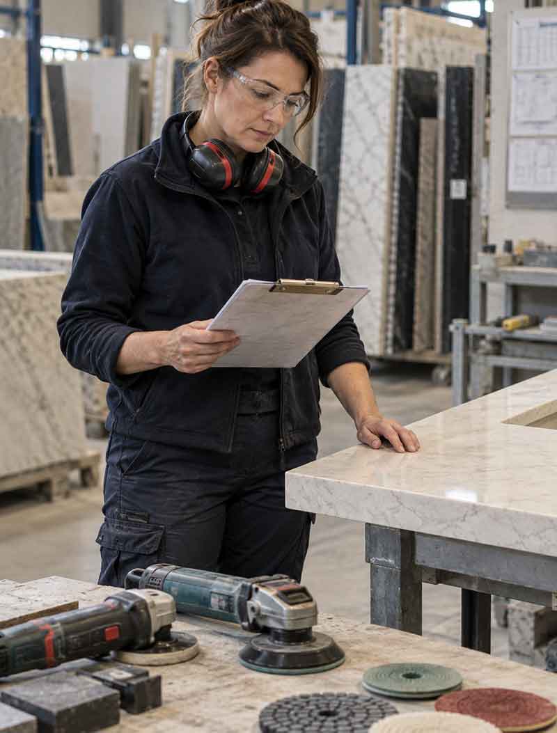 Workshop supervisor reviewing a job sheet beside a stone worktop, with finishing tools and polishing pads in the foreground.