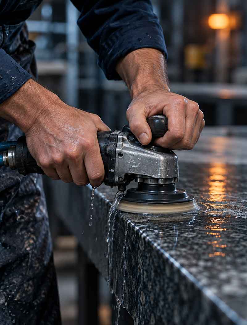Close-up of a stone fabricator’s hands operating a wet polisher on a dark granite worktop.