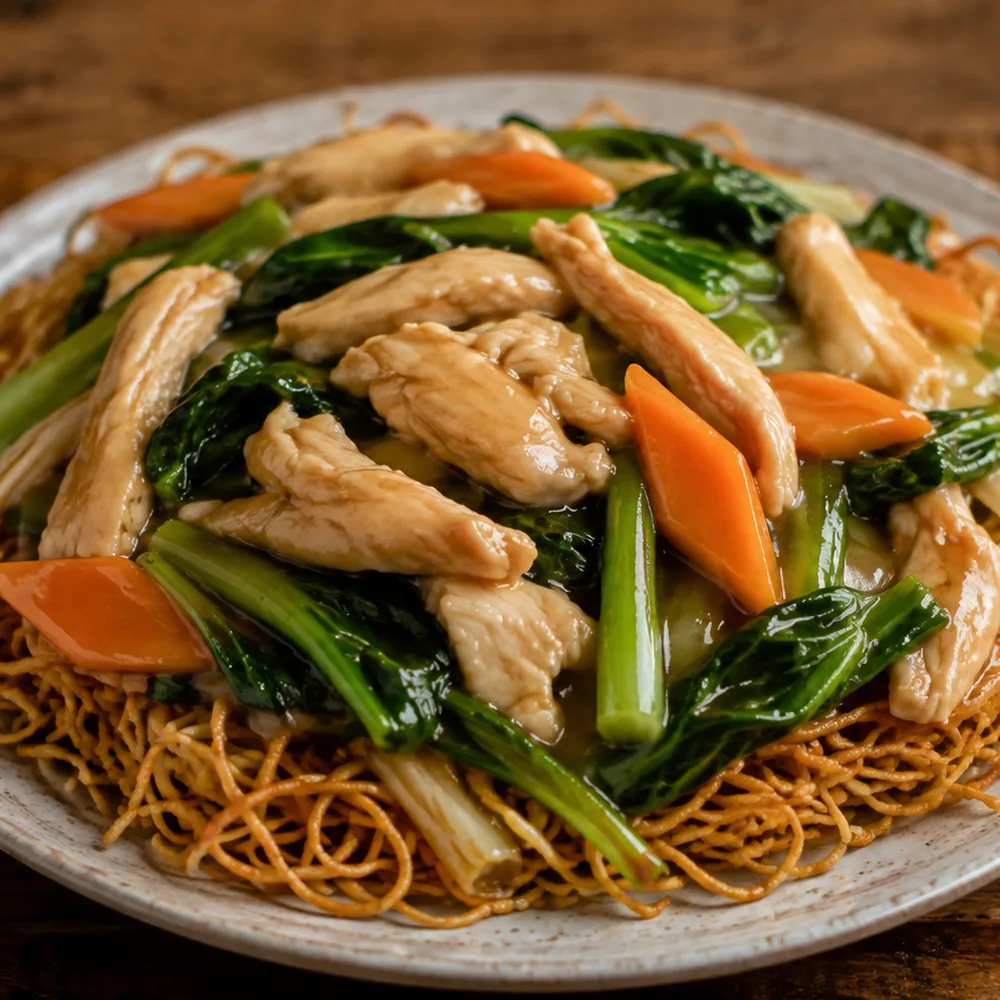 Hong Kong Style Crispy Noodles with Chicken and Vegetables