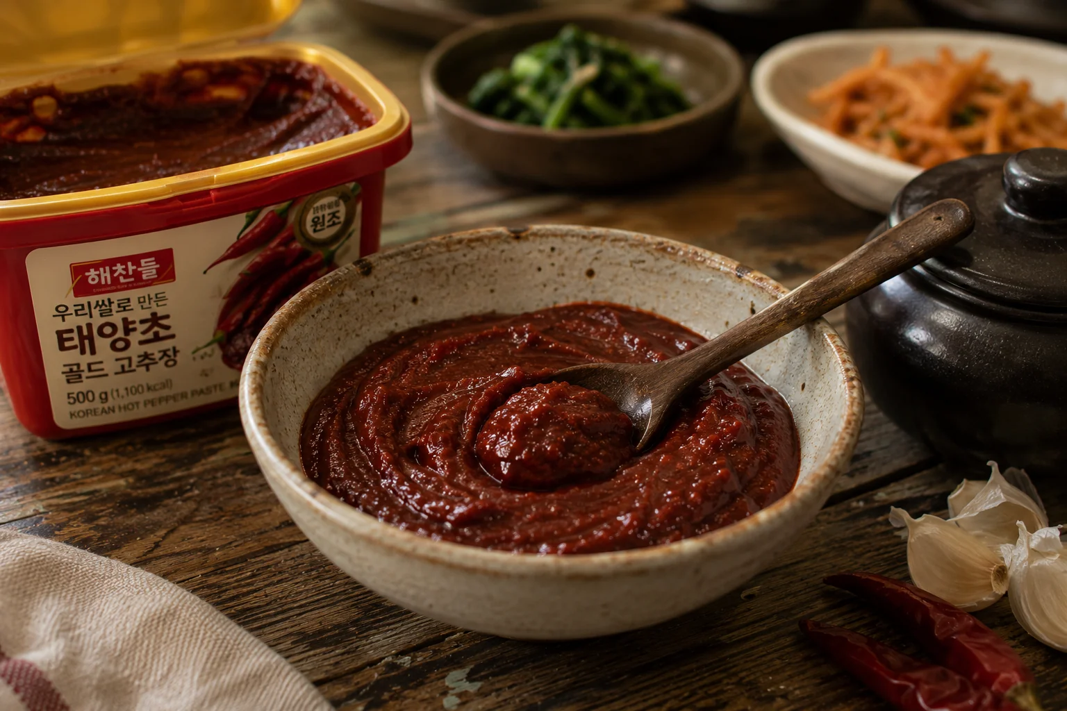 A ceramic bowl of thick red gochujang with a wooden spoon, beside a tub of Korean hot pepper paste, garlic cloves and a dried chilli