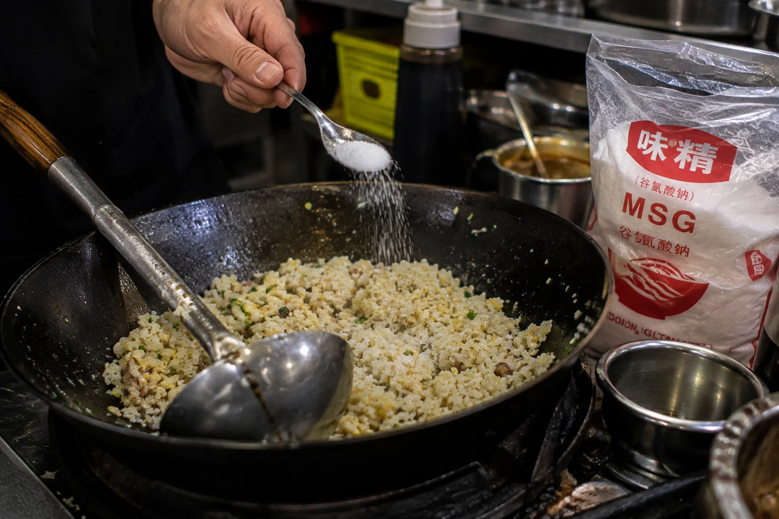 A cook spooning MSG into a wok of fried rice in a restaurant kitchen, with a large bag of monosodium glutamate beside the stove
