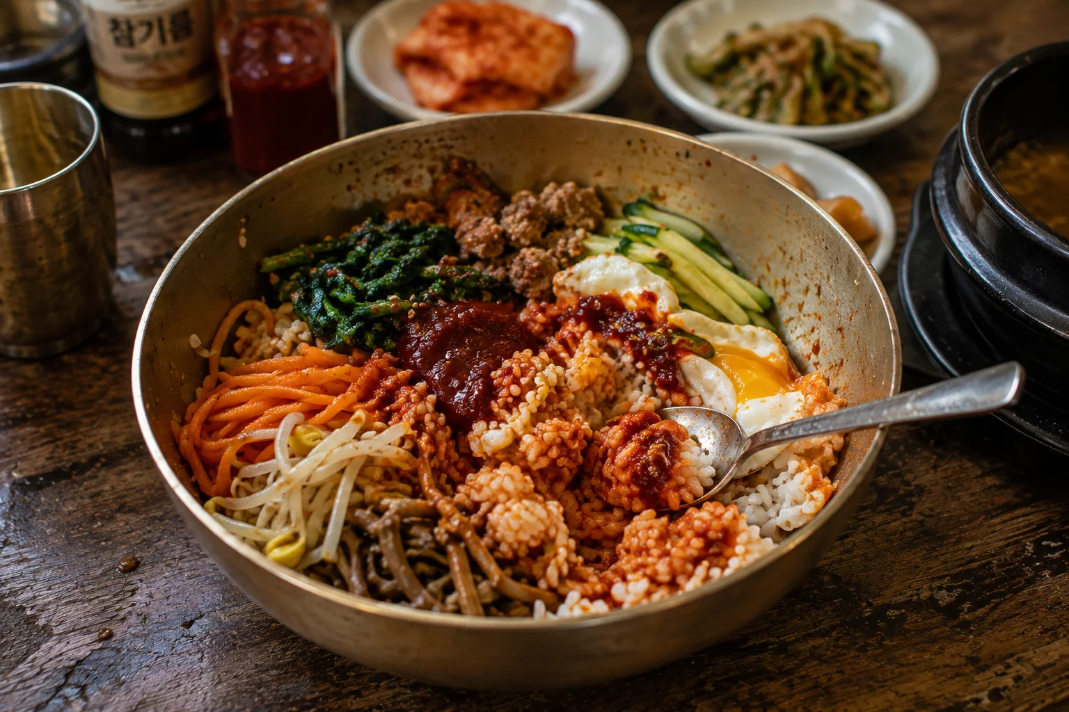 Bibimbap in a brass bowl — rice, seasoned vegetables, minced beef, cucumber and a fried egg topped with a spoonful of gochujang, with banchan alongside