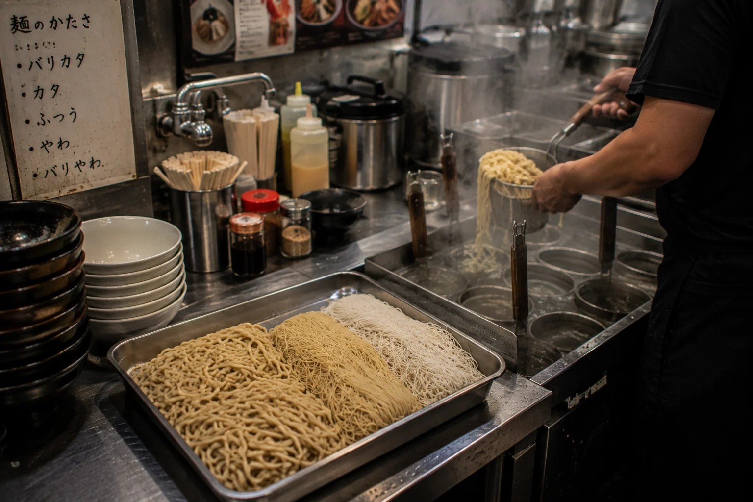 Trays of fresh ramen noodles in several thicknesses in a ramen shop kitchen, with a cook lifting a basket of cooked noodles from the water