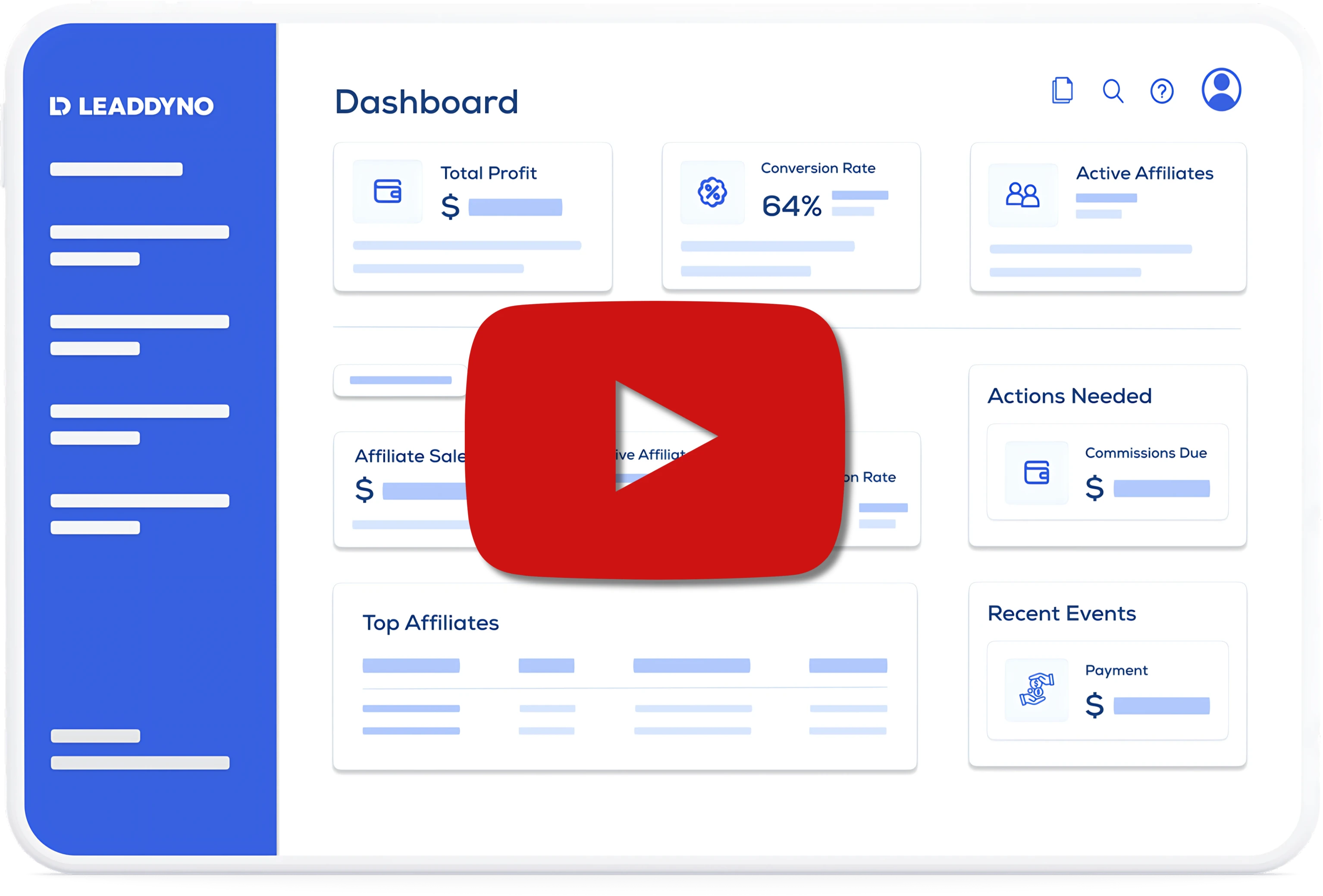 Video mockup and play button depicting demo mockup of LeadDyno dashboard