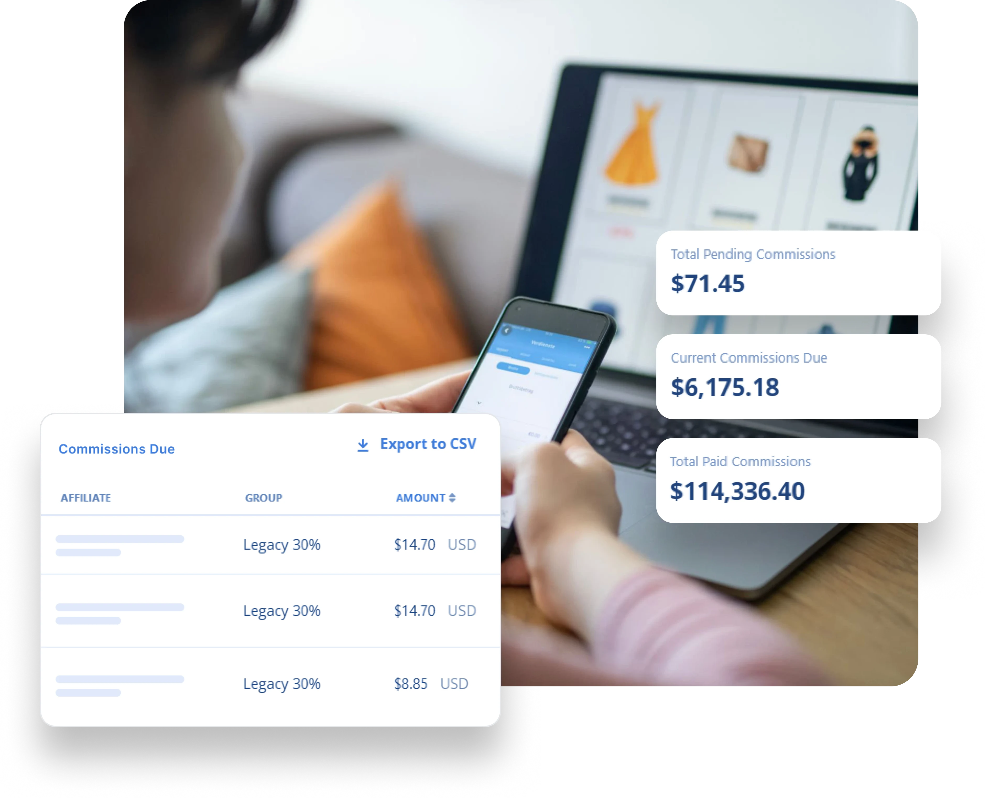 Person holding a smartphone showing an app screen, sitting near a laptop displaying an online store with clothing items. Overlaid are commission earnings details: Total Pending Commissions $71.45, Current Commissions Due $6,175.18, Total Paid Commissions $114,336.40. Also shown is a commissions due table with affiliates in Legacy 30% group and amounts $14.70 USD, $14.70 USD, and $8.85 USD, with an option to export to CSV.