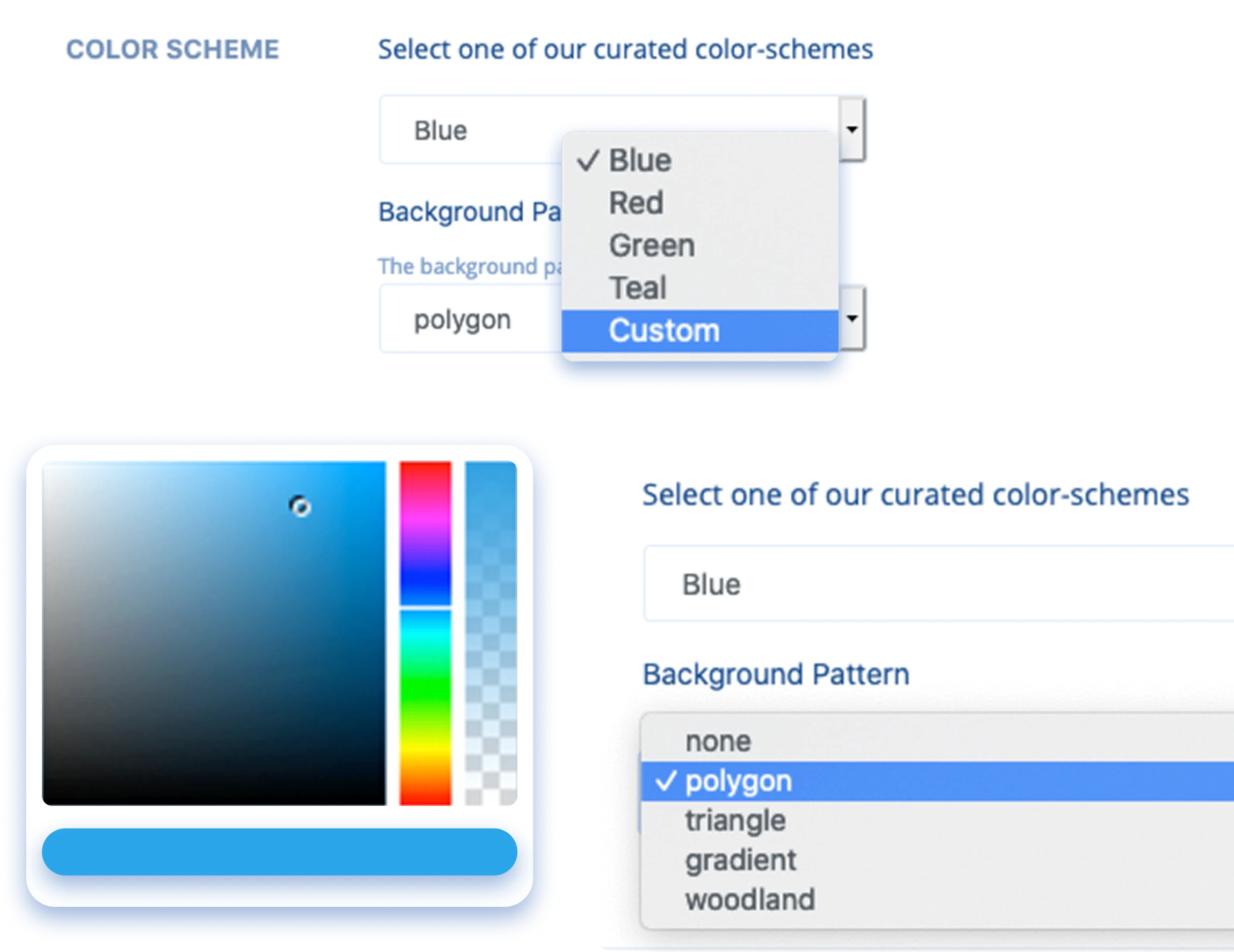 Affiliate dashboard branding settings with color scheme, custom color picker, and background pattern options