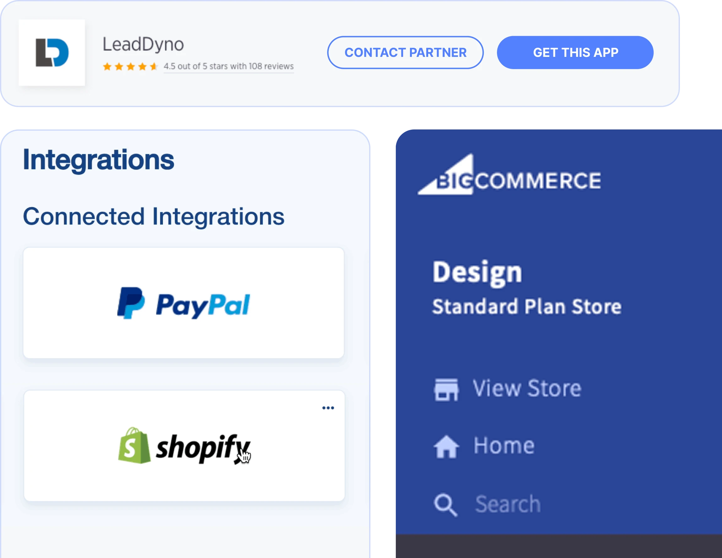 LeadDyno app listing with connected PayPal and Shopify integrations next to a BigCommerce store menu