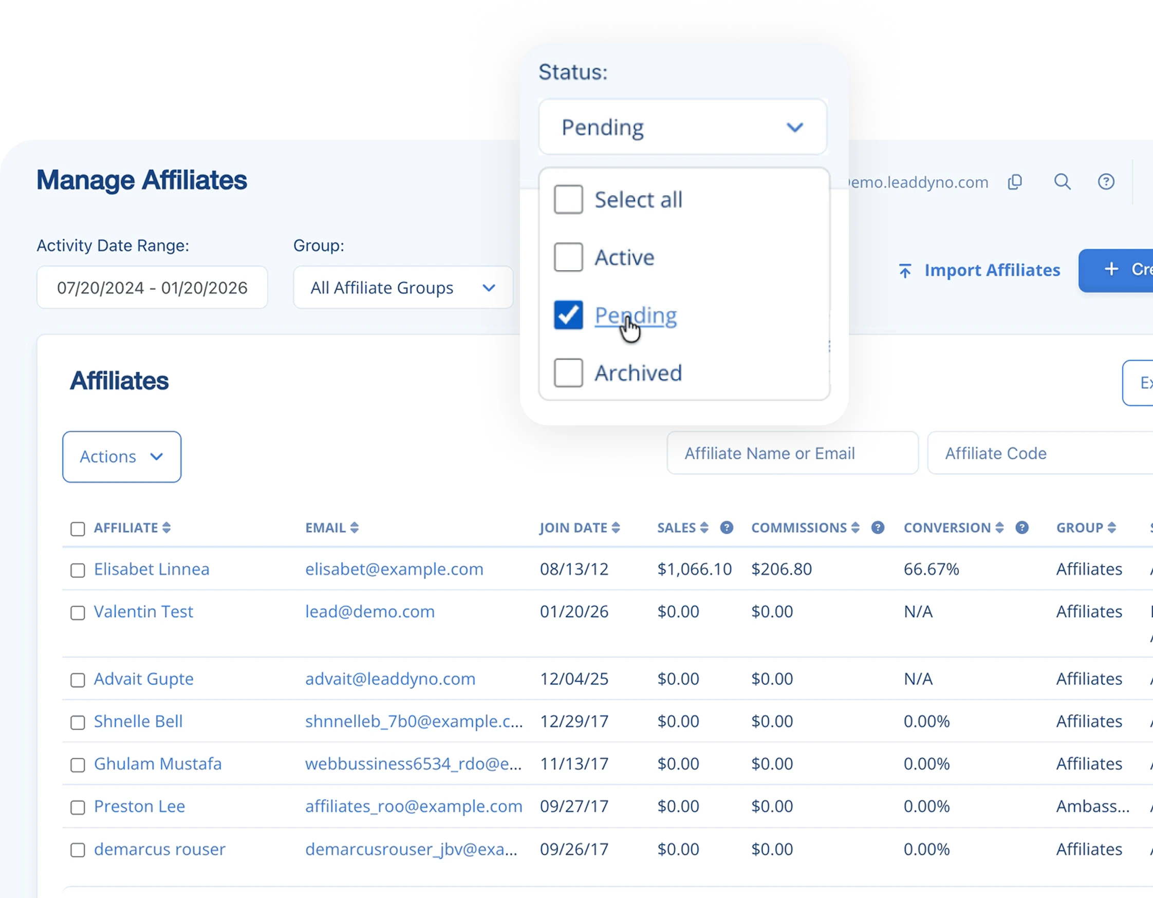 LeadDyno Manage Affiliates screen with a status filter set to pending and an affiliate list showing sales, commissions, and conversion