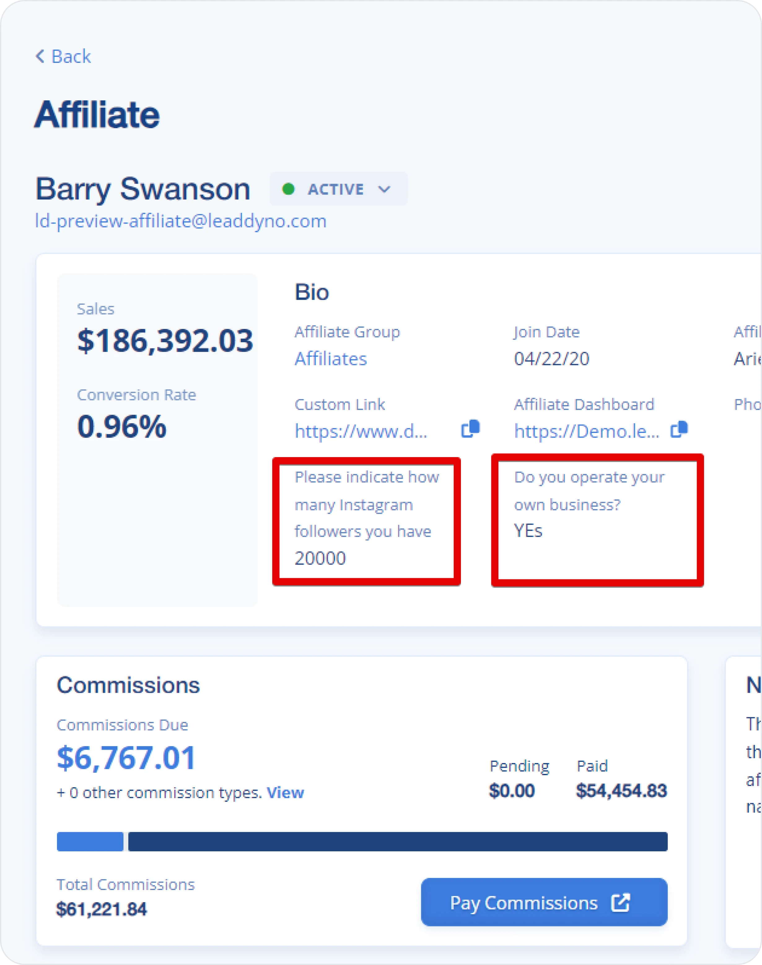 LeadDyno affiliate profile showing signup question answers and commission totals