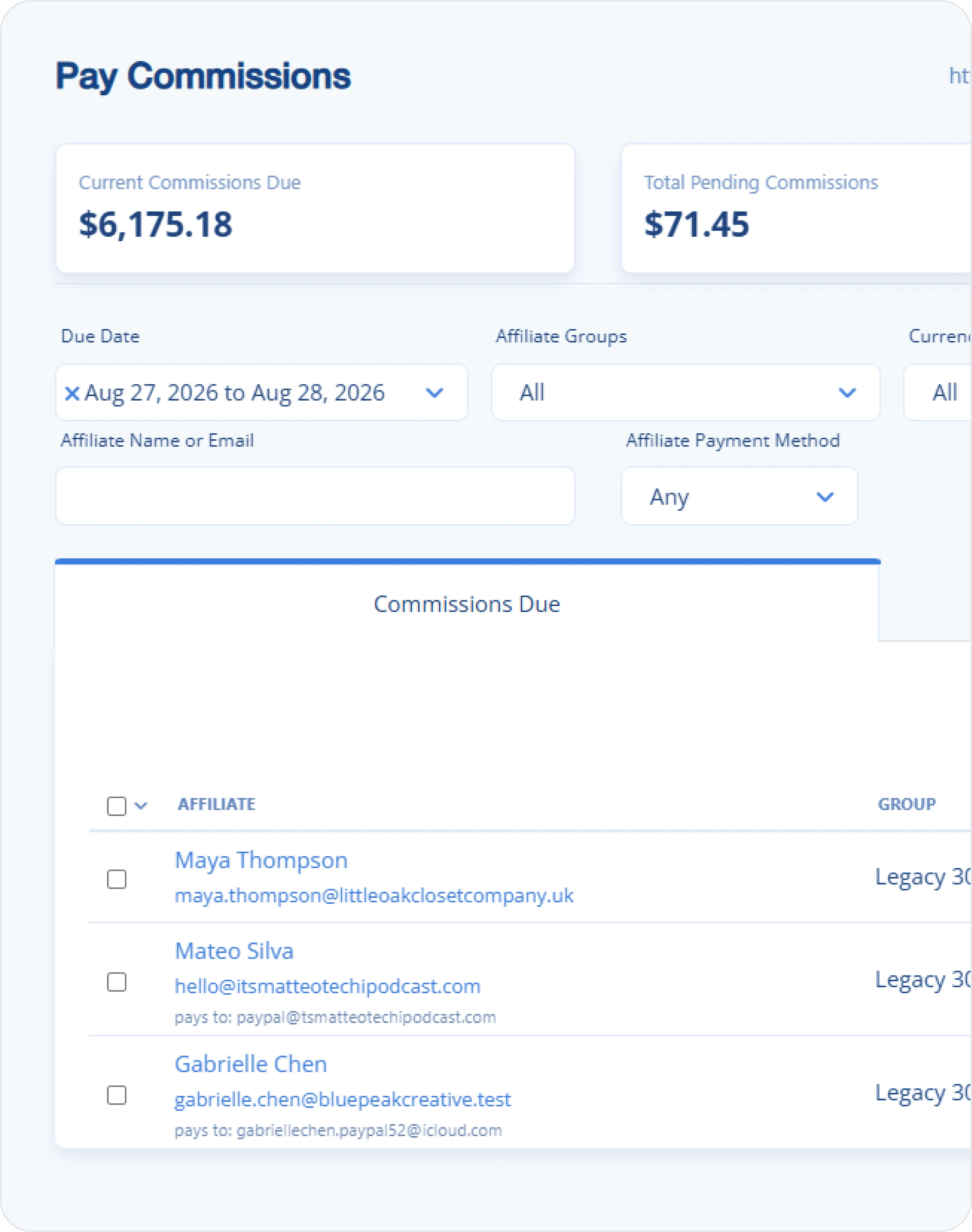 LeadDyno Pay Commissions screen listing current commissions due by affiliate