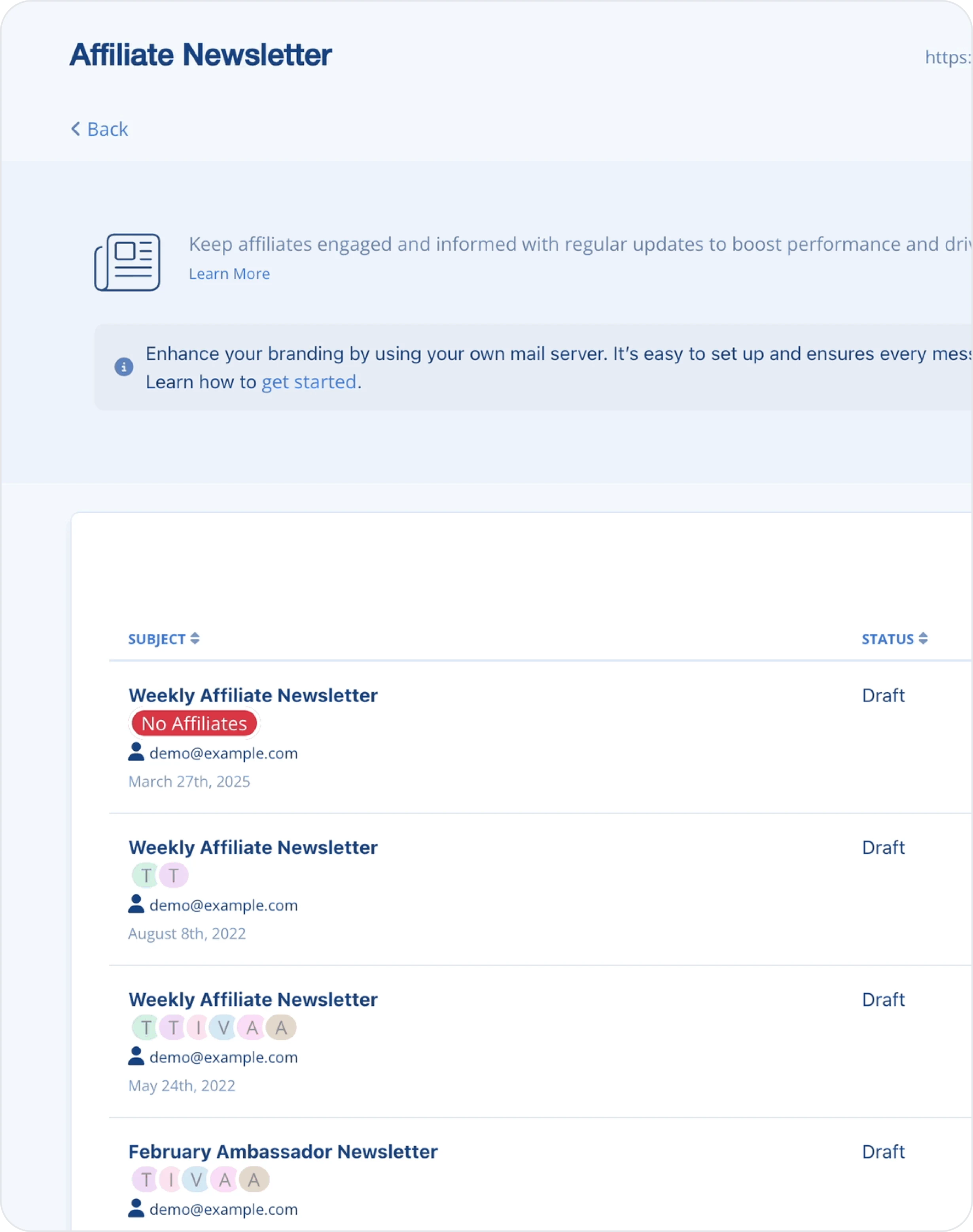 LeadDyno Affiliate Newsletter screen listing draft newsletters