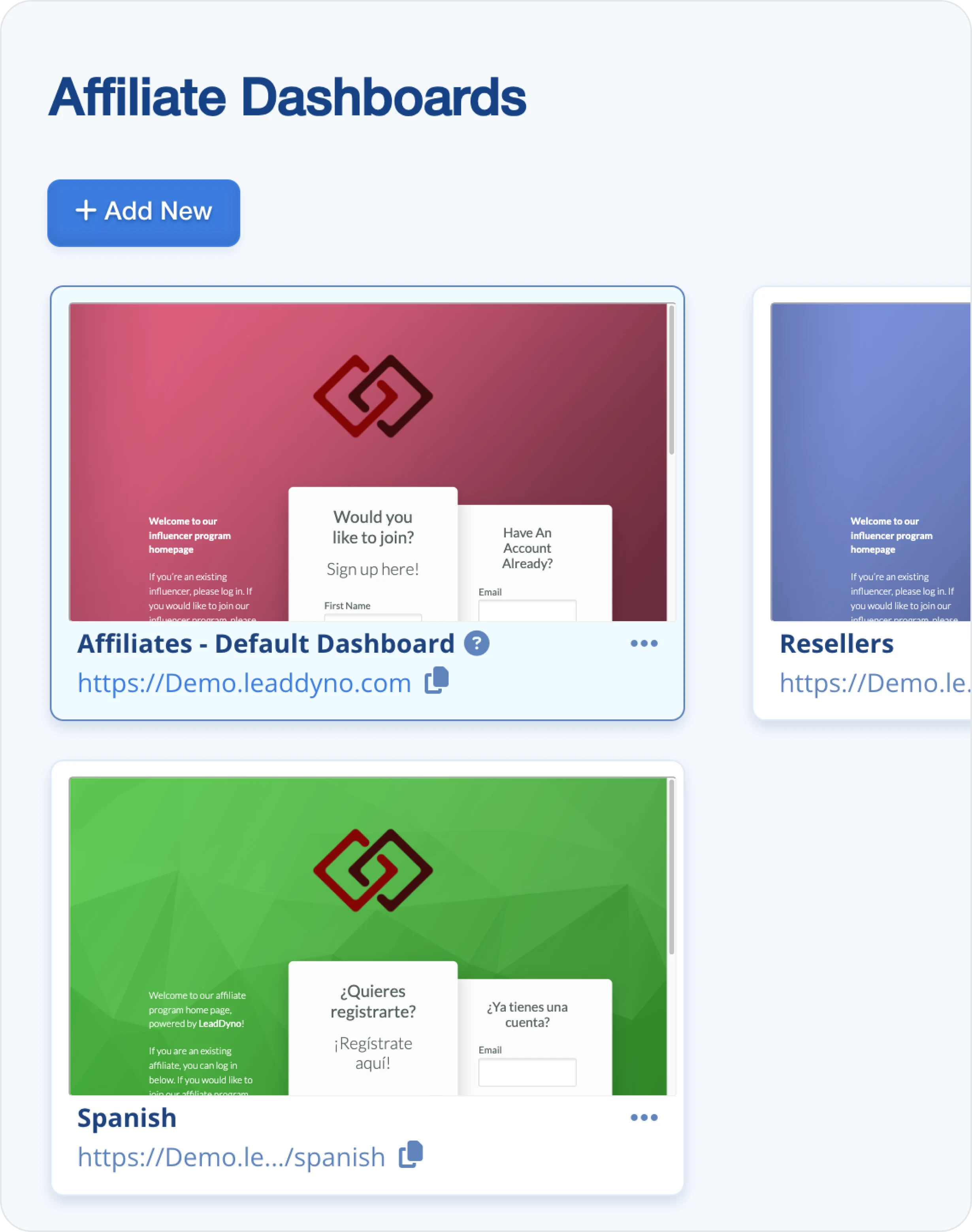 LeadDyno Affiliate Dashboards screen with default, resellers and Spanish dashboards