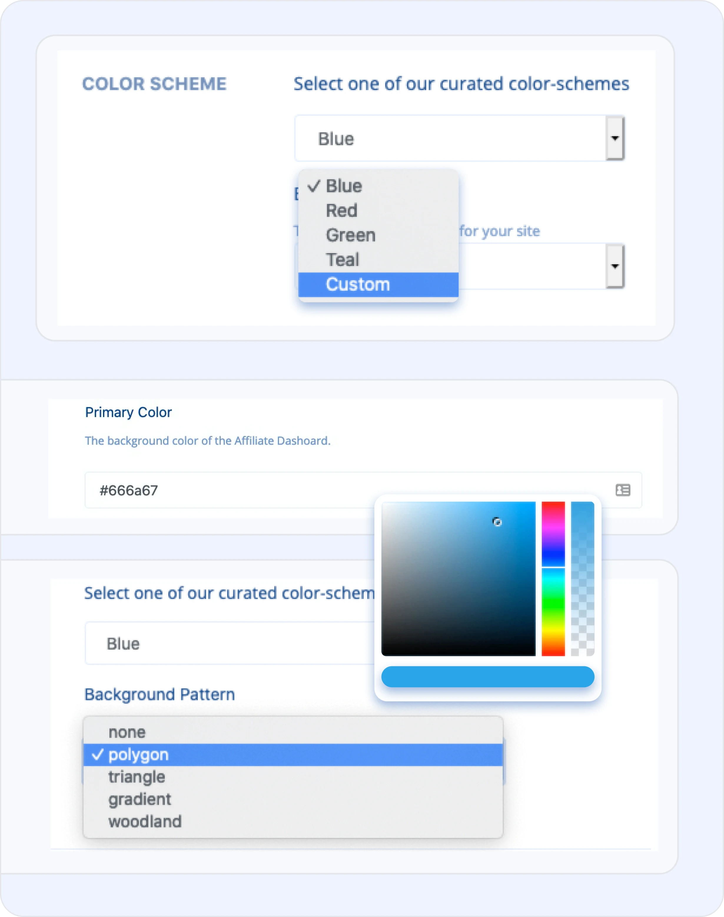 LeadDyno affiliate dashboard color scheme, primary color and background pattern settings
