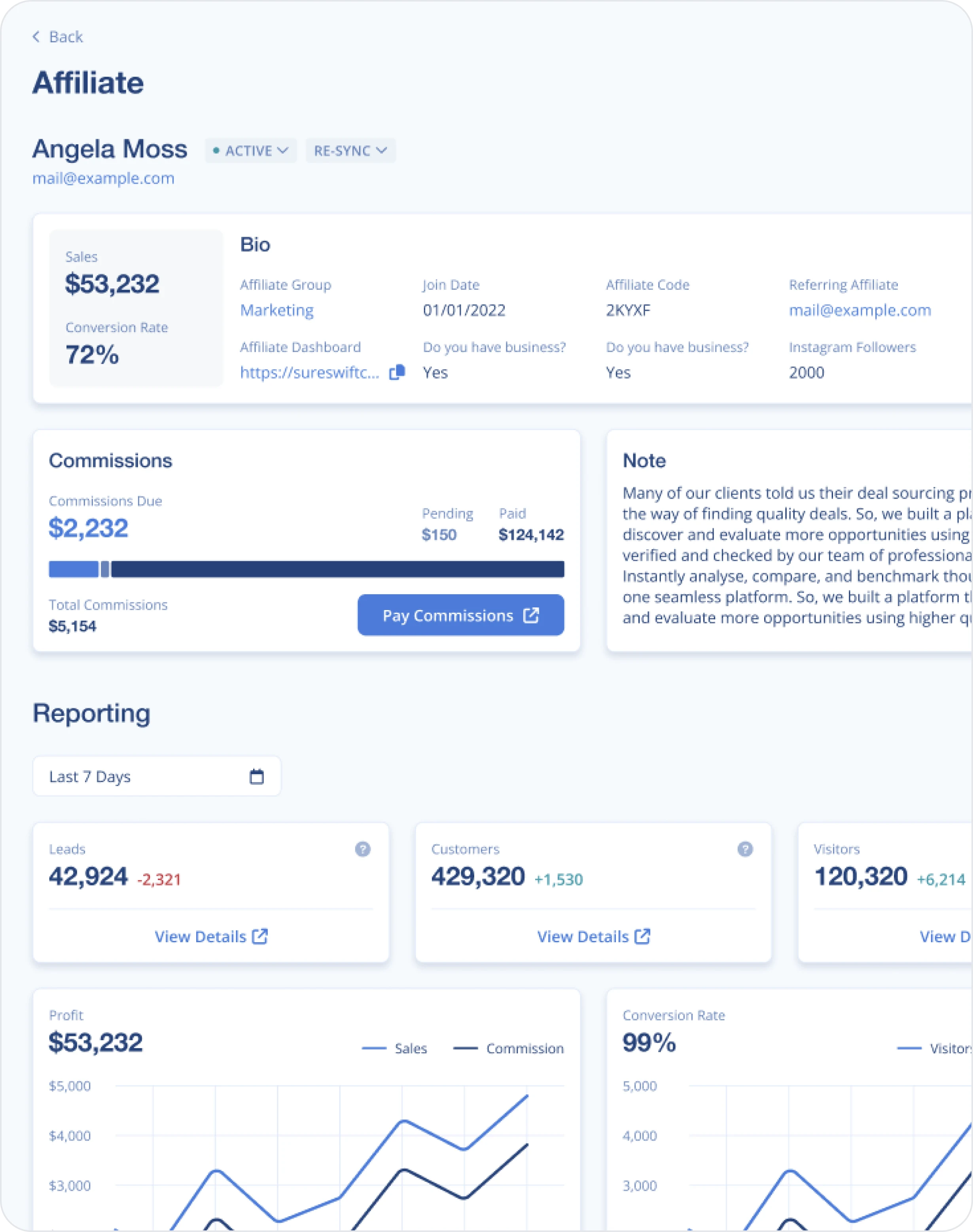 LeadDyno affiliate profile with referral link, commissions and reporting charts