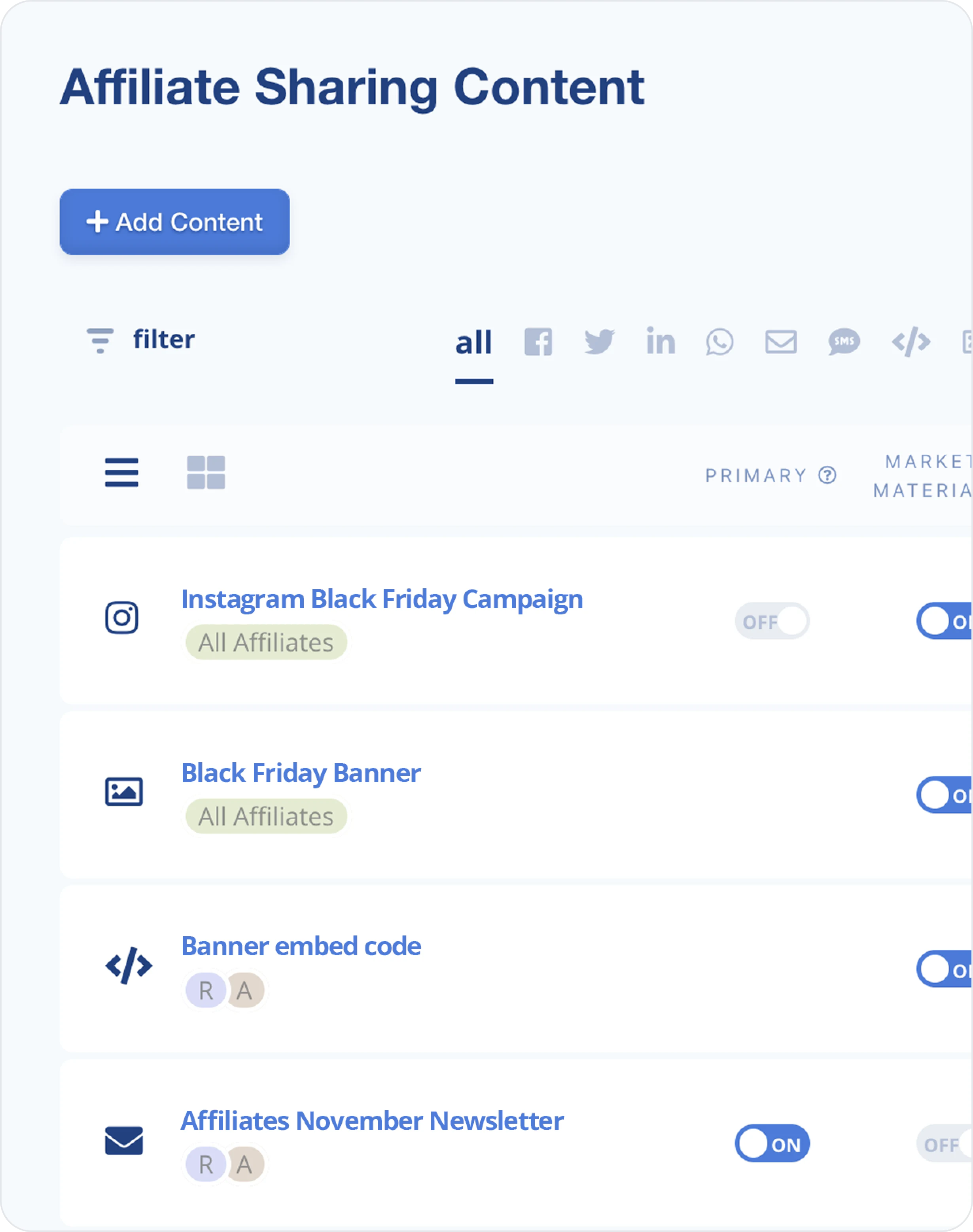 LeadDyno Affiliate Sharing Content library with social posts, banners and newsletters