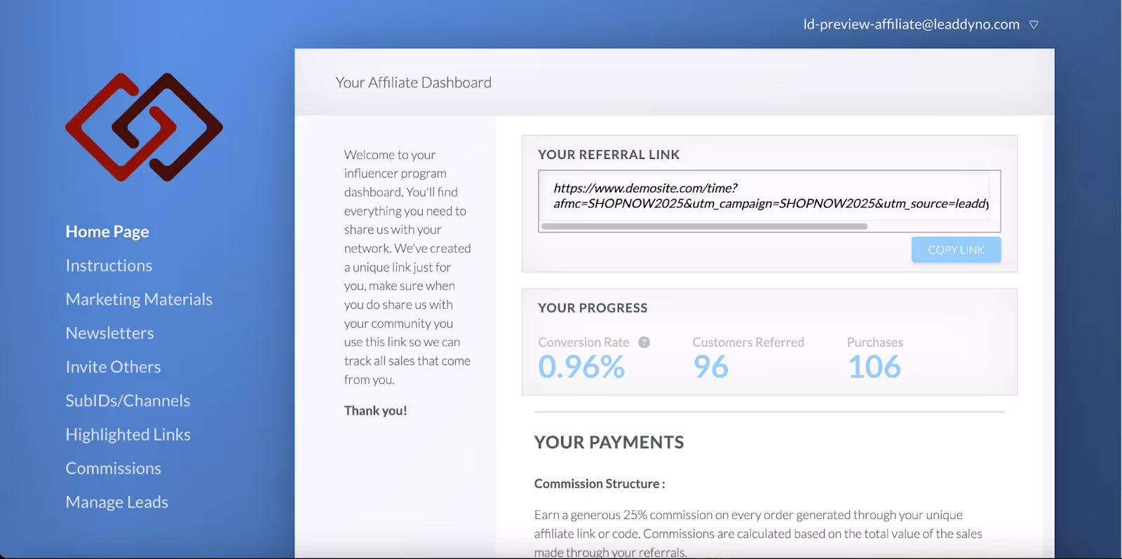 affiliate dashboard landing page