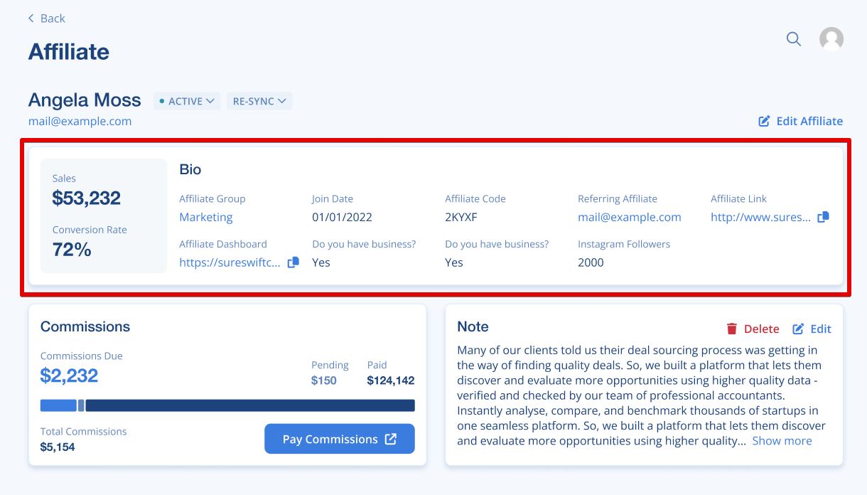 Affiliate information including sales, bio, conversion rate, commissions, code, and history