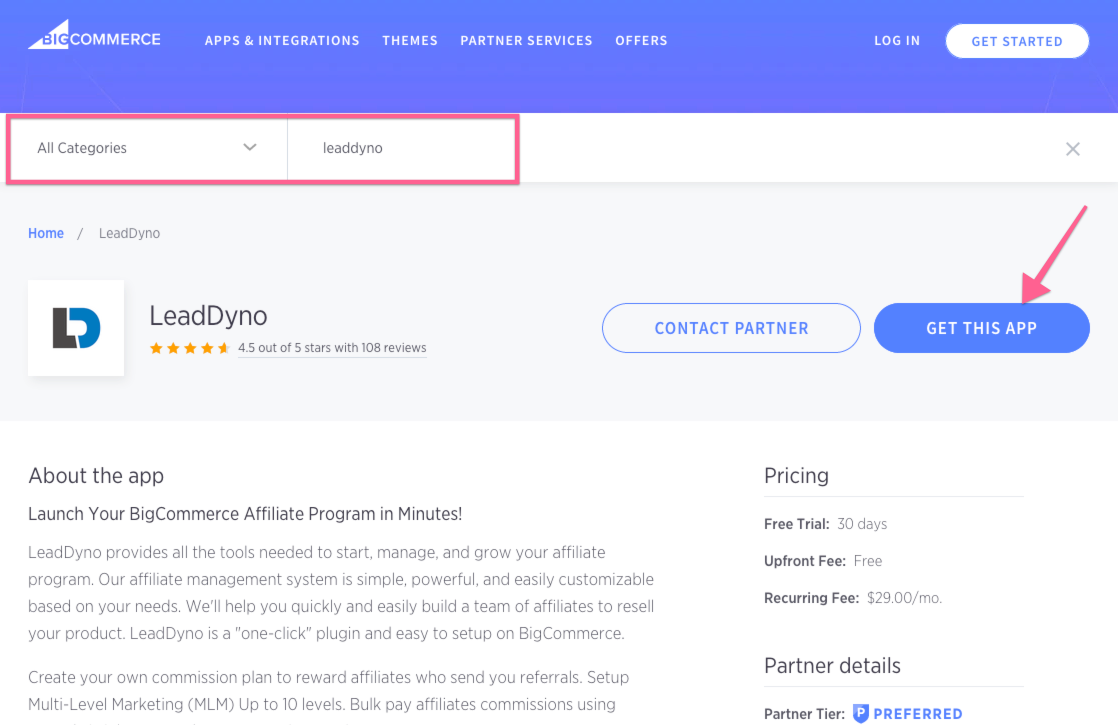 BigCommerce - LeadDyno apps and integrations option