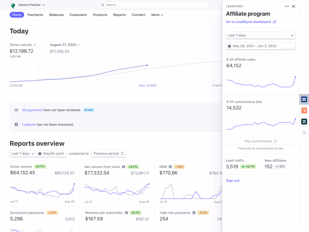 Stripe's LeadDyno integration affiliate program dashboard