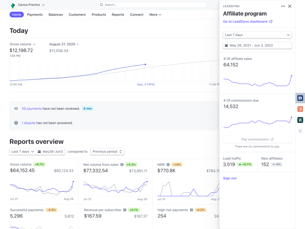 Stripe's LeadDyno integration affiliate program dashboard
