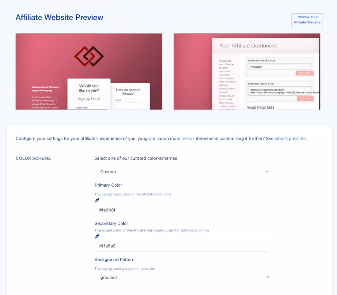 Preview of customization options for affiliate website and dashboard