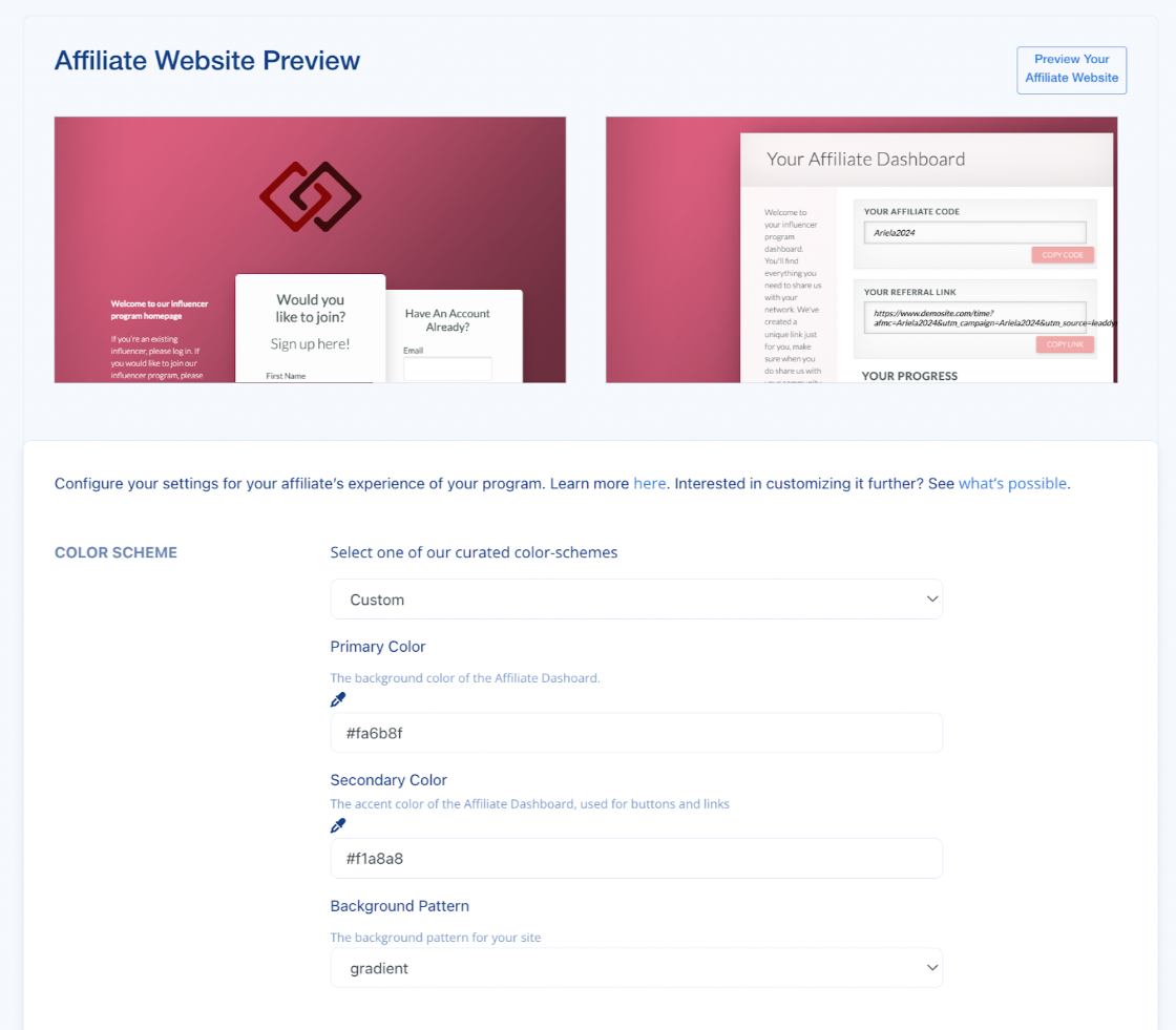 Preview of customization options for affiliate website and dashboard