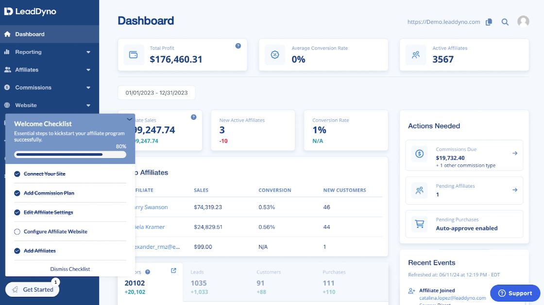 LeadDyno affiliate program setup checklist and dashboard